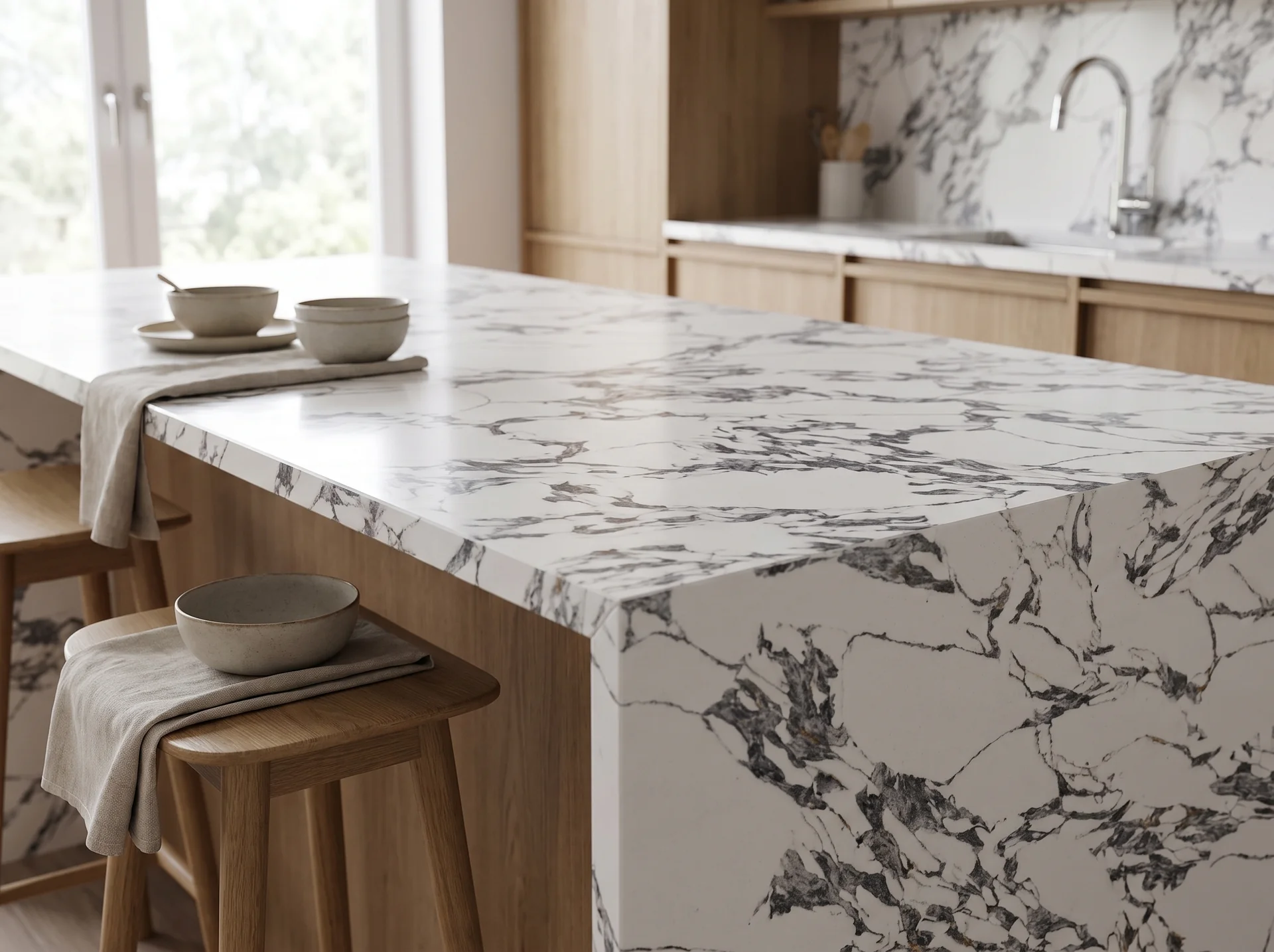 Arabescato Gold V2 quartz worktop close-up showing surface detail