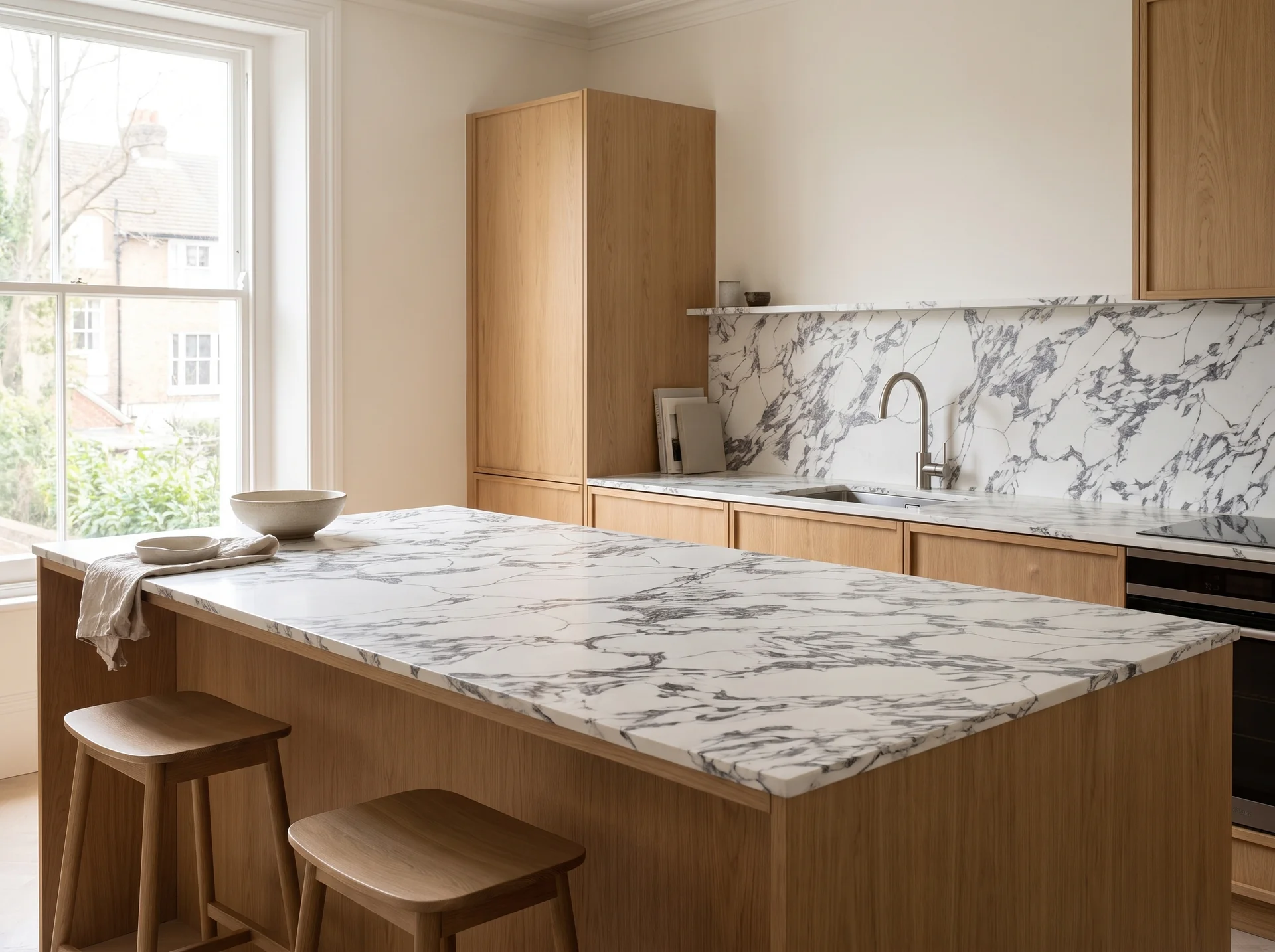 Arabescato Gold V2 Modern Quartz Stone worktop in a wide kitchen view