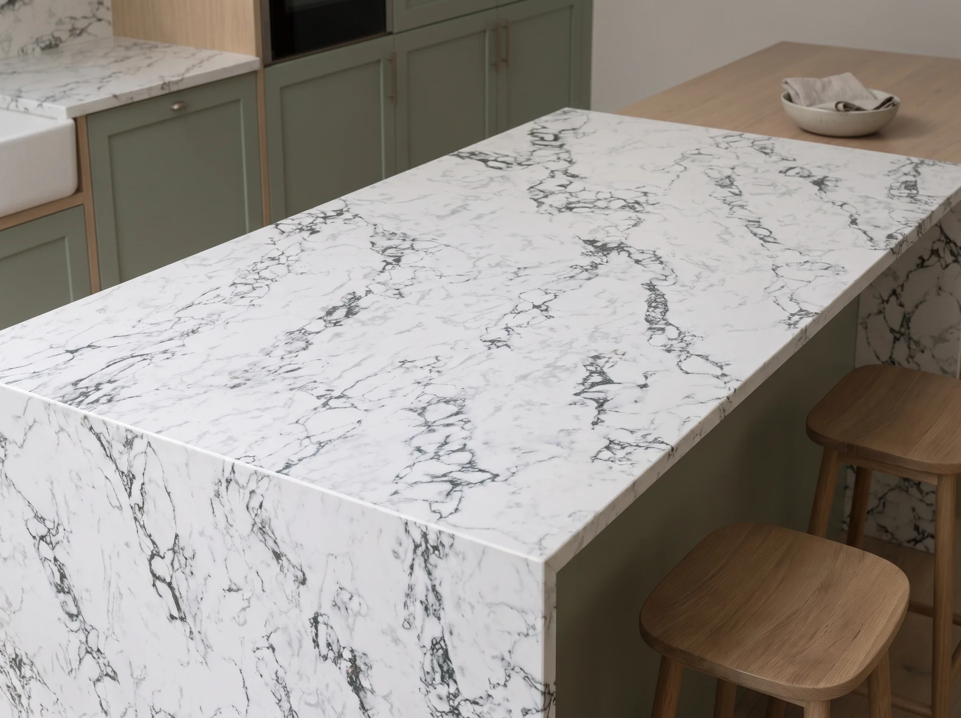 Arabescato Green quartz worktop close-up showing surface detail