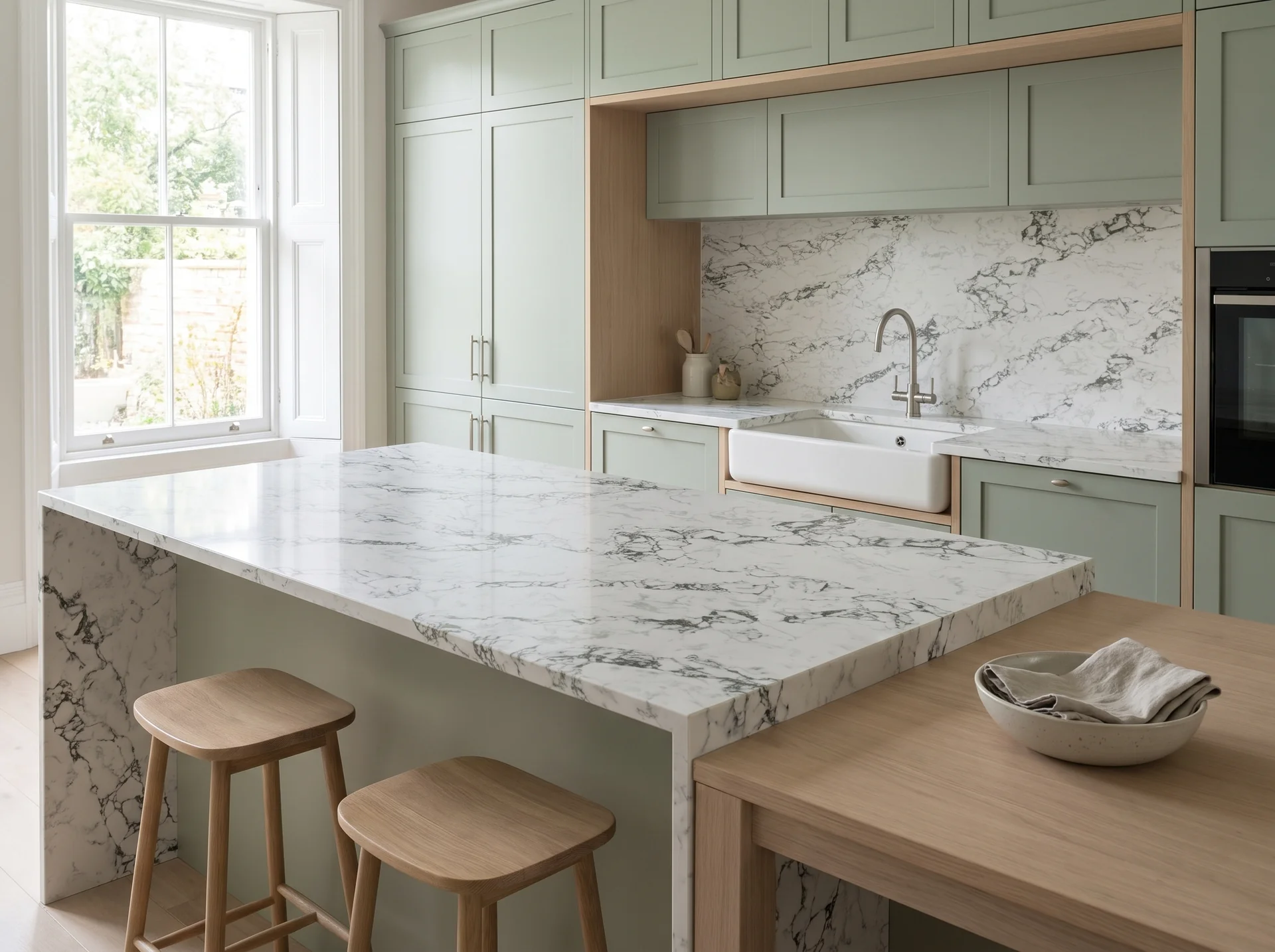Arabescato Green Modern Quartz Stone worktop in a wide kitchen view