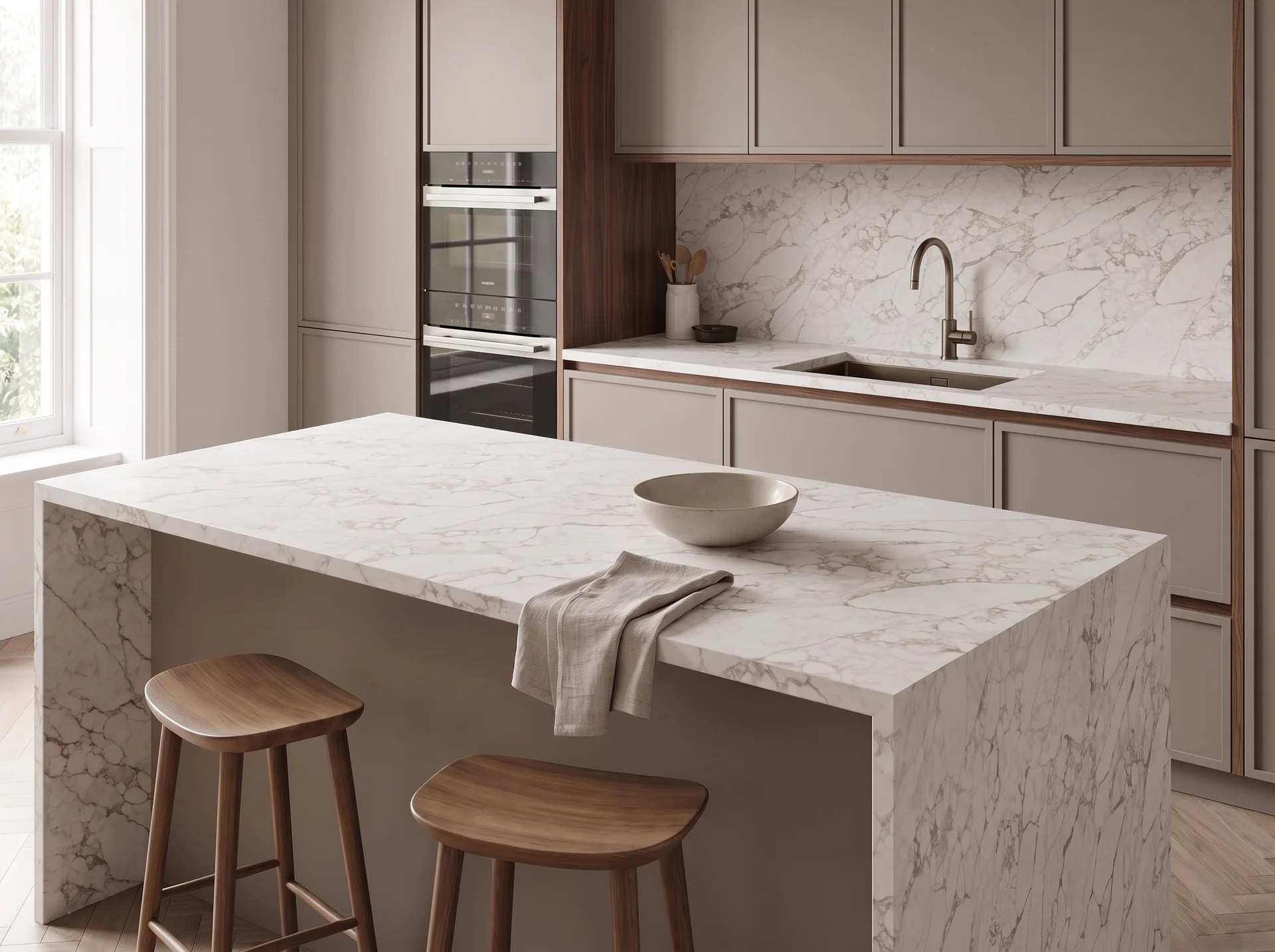 Arabescato Imperial quartz worktop close-up showing surface detail