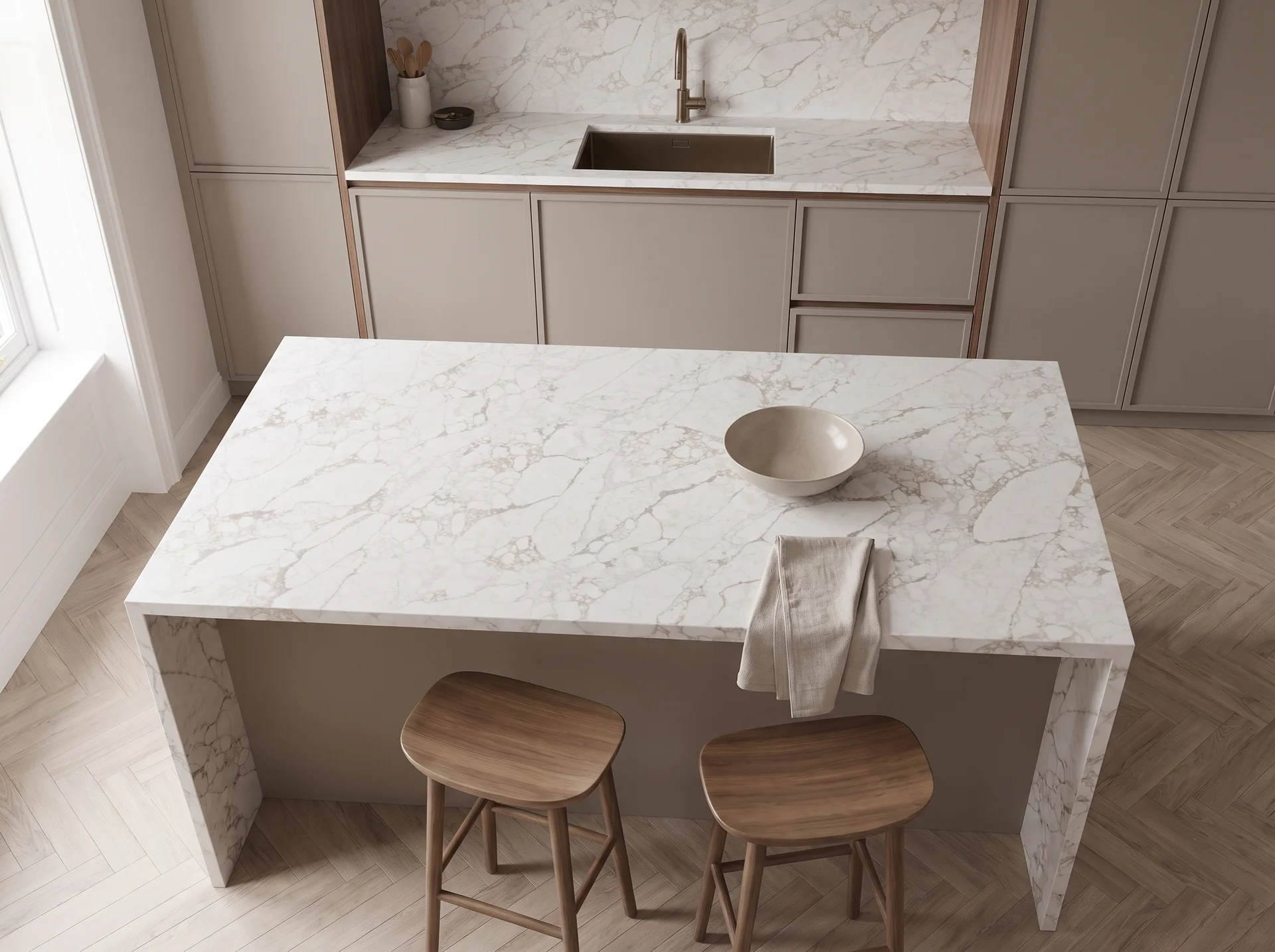 Arabescato Imperial quartz worktop shown from an overhead kitchen view