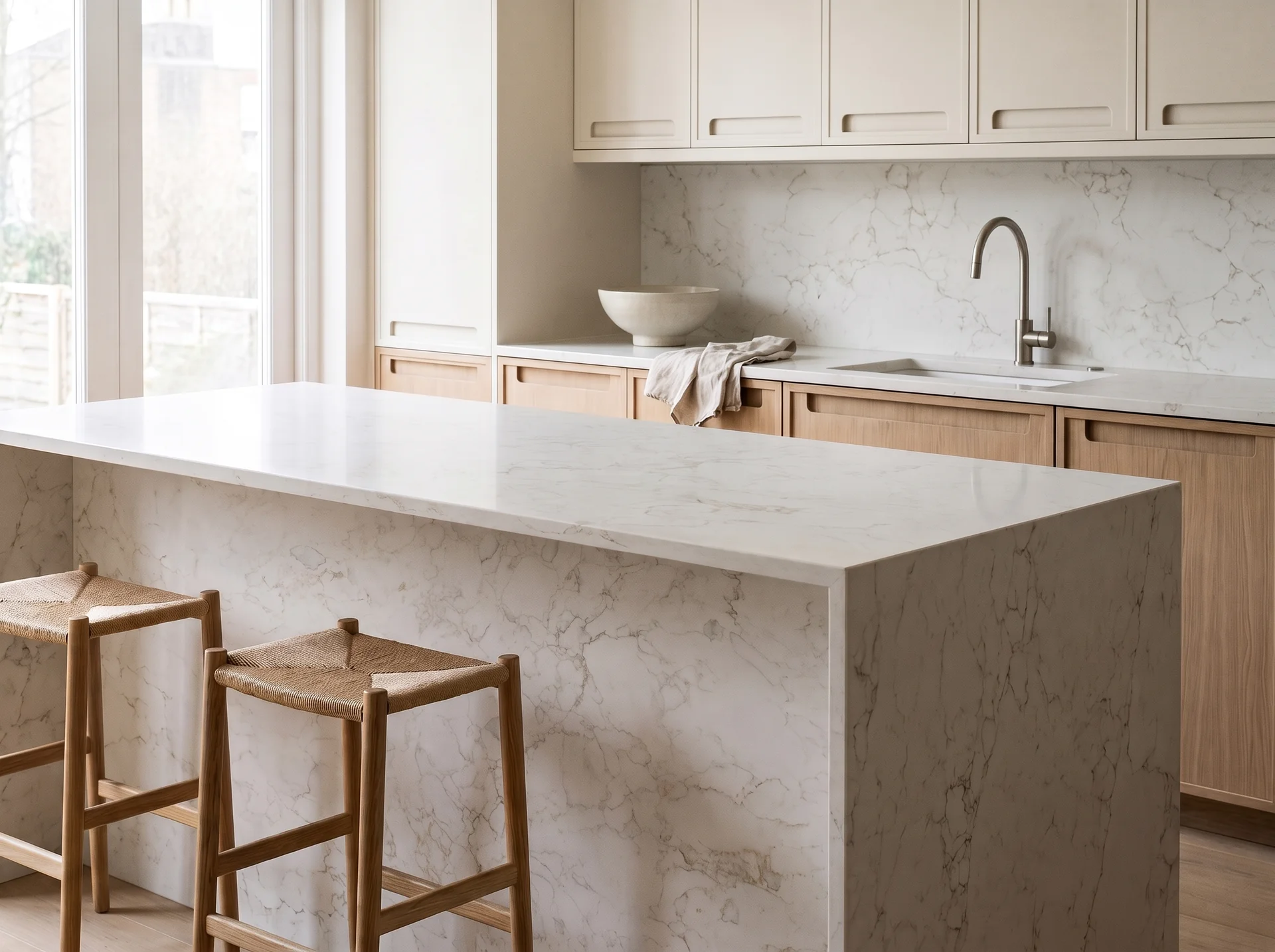 Arabescato Lite quartz worktop close-up showing surface detail