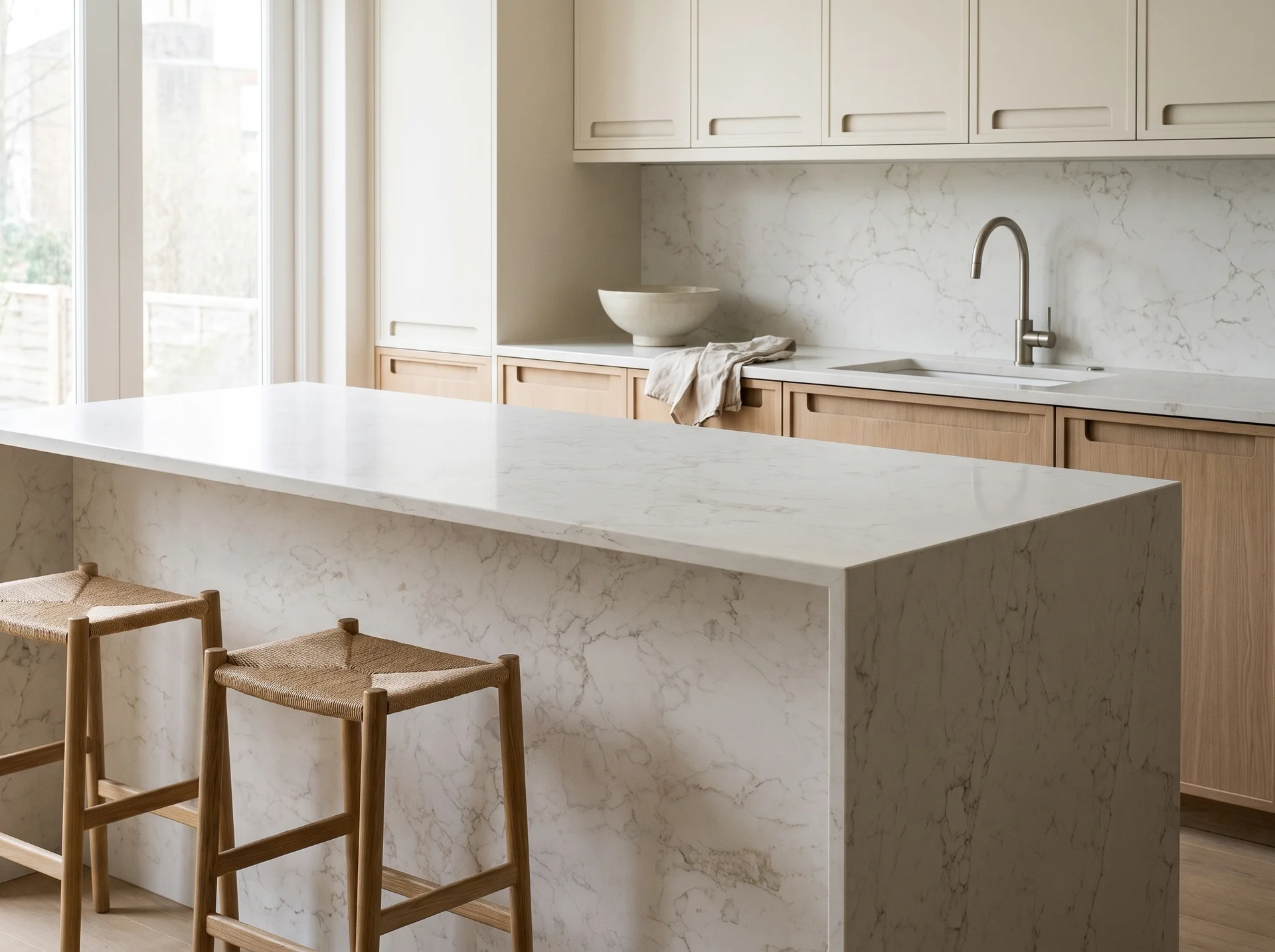 Arabescato Lite Modern Quartz Stone worktop in a wide kitchen view