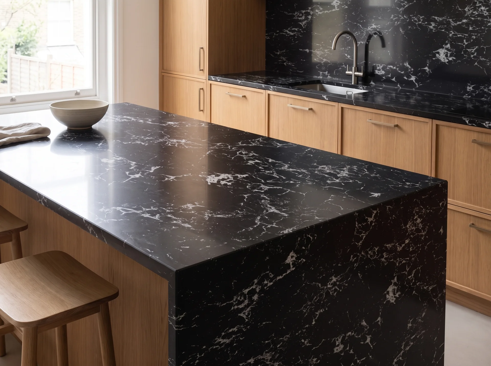 Arabescato Noiro quartz worktop close-up showing surface detail