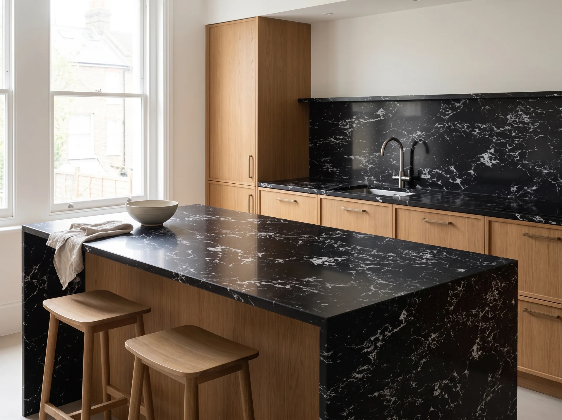 Arabescato Noiro Modern Quartz Stone worktop in a wide kitchen view