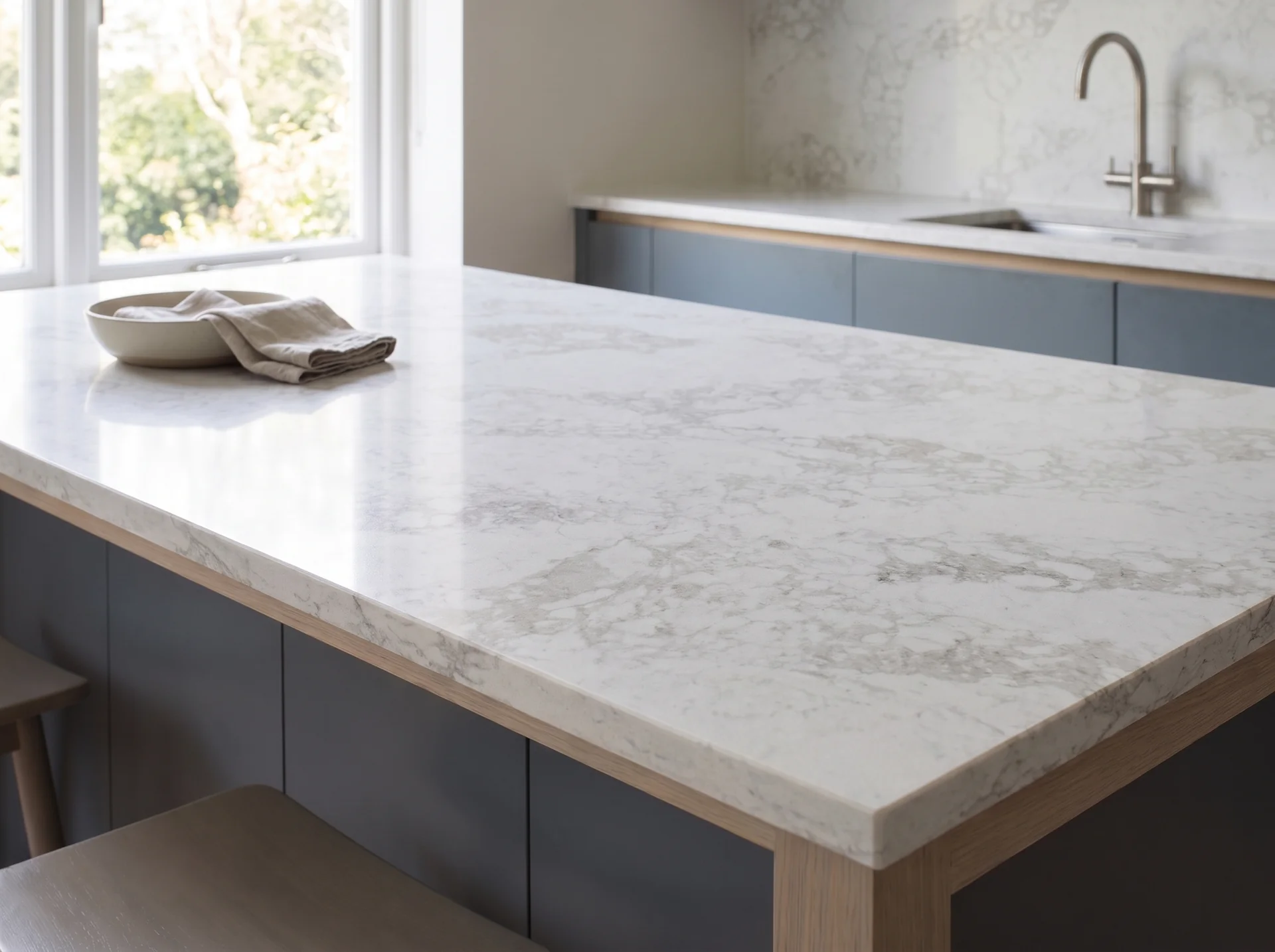Arabescato Shimmer quartz worktop close-up showing surface detail