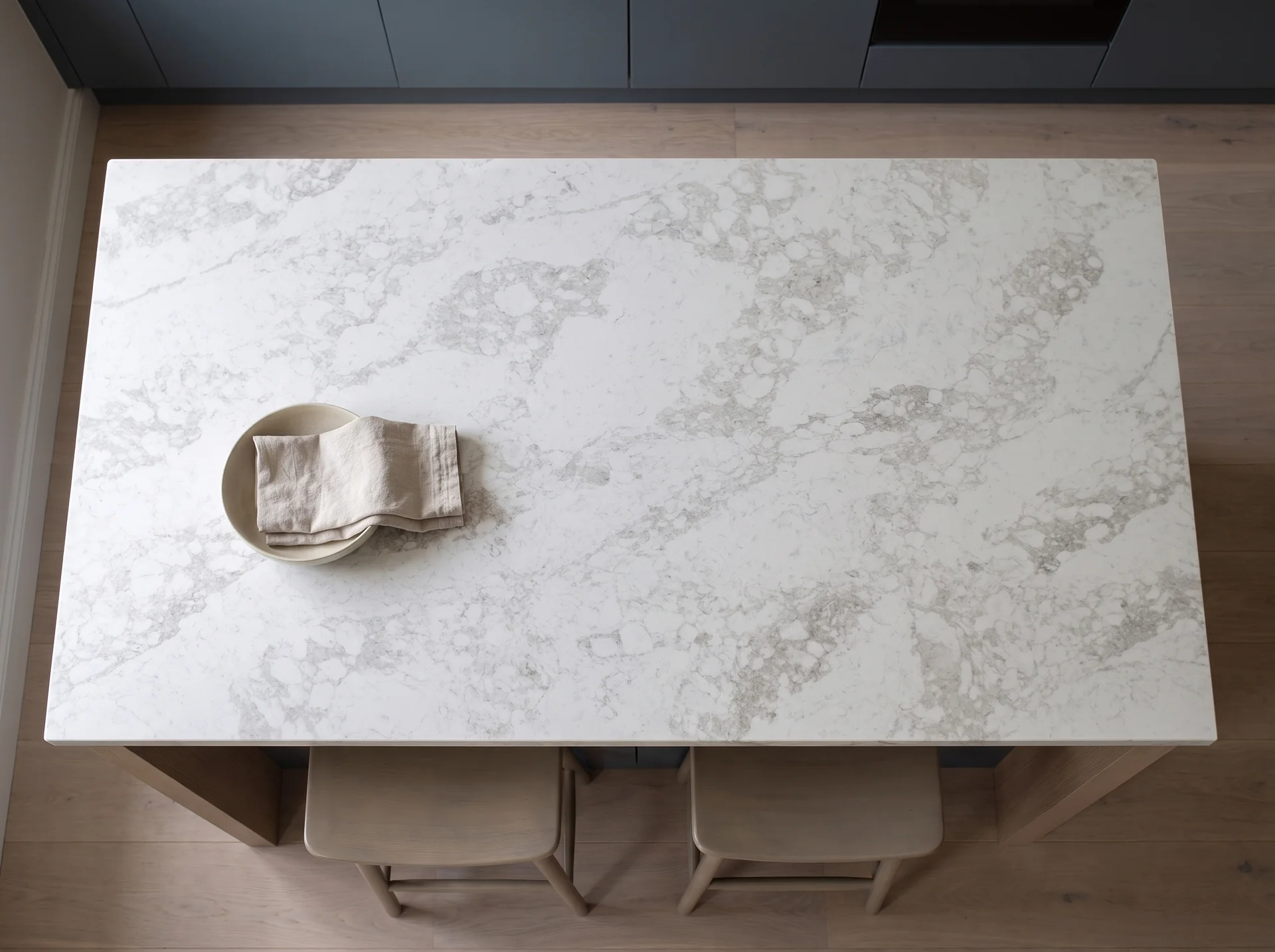 Arabescato Shimmer quartz worktop shown from an overhead kitchen view