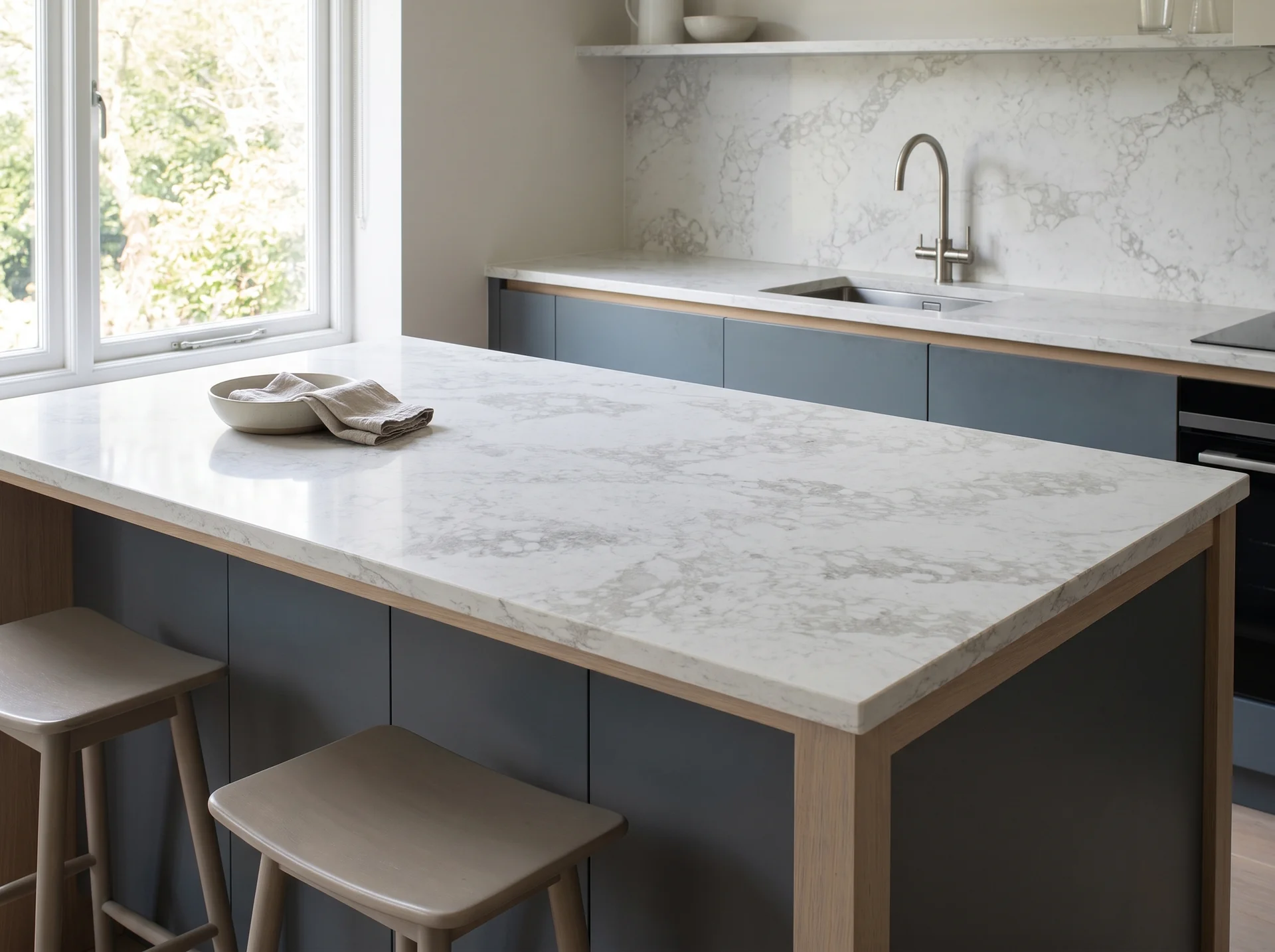 Arabescato Shimmer Modern Quartz Stone worktop in a wide kitchen view