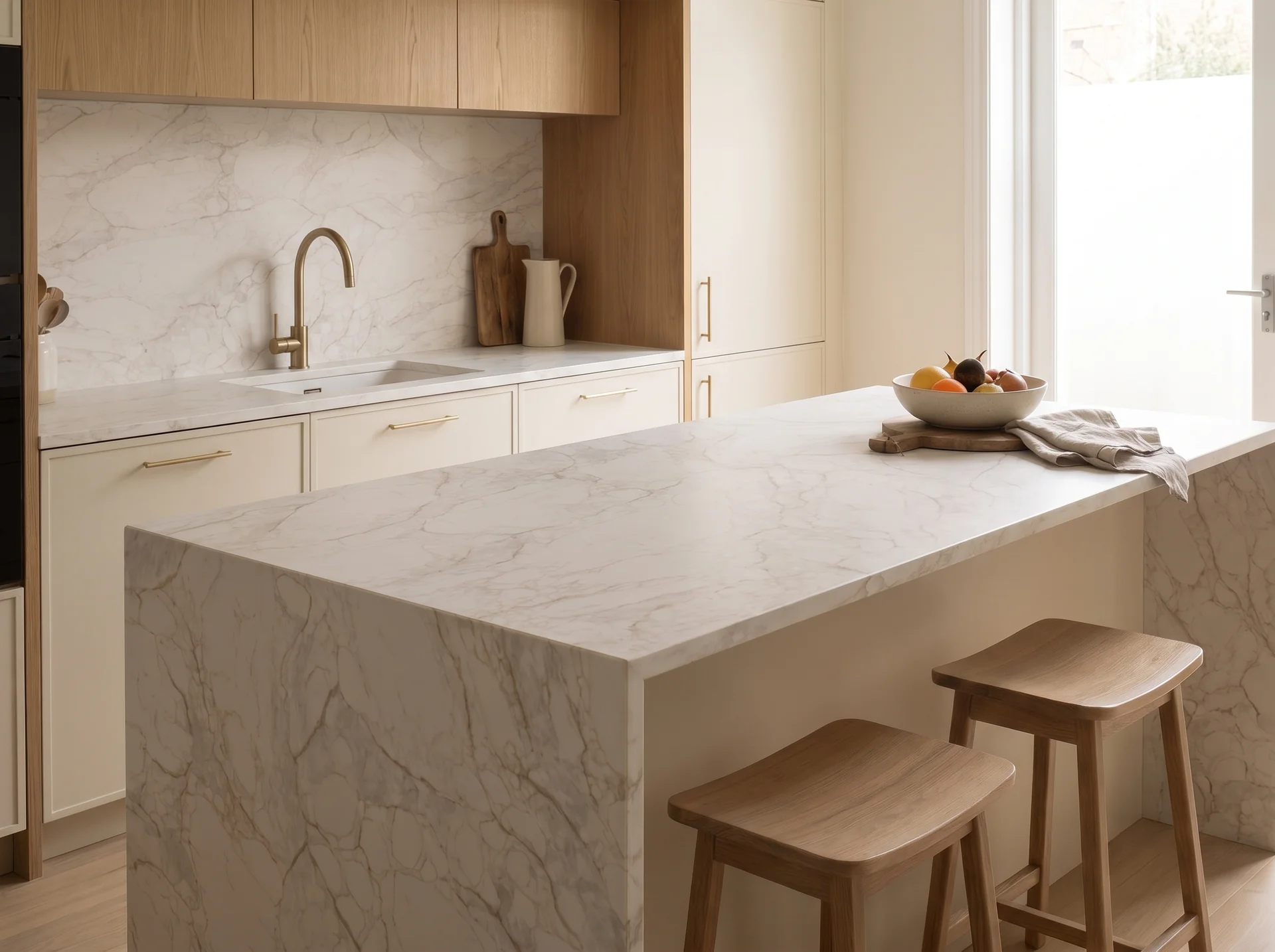 Arabescato Simba quartz worktop close-up showing surface detail