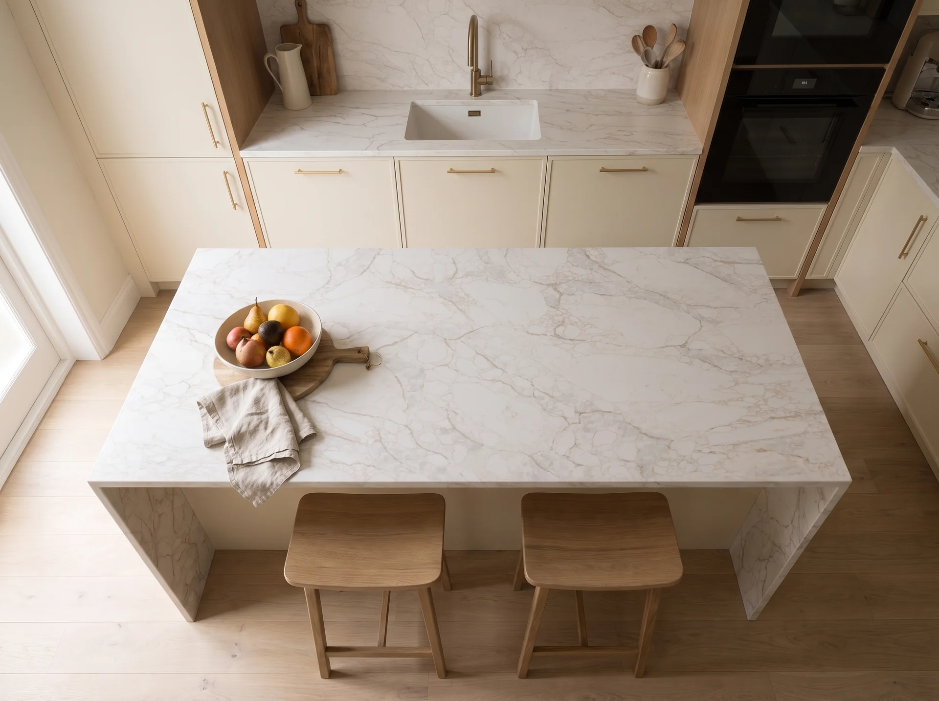 Arabescato Simba quartz worktop shown from an overhead kitchen view