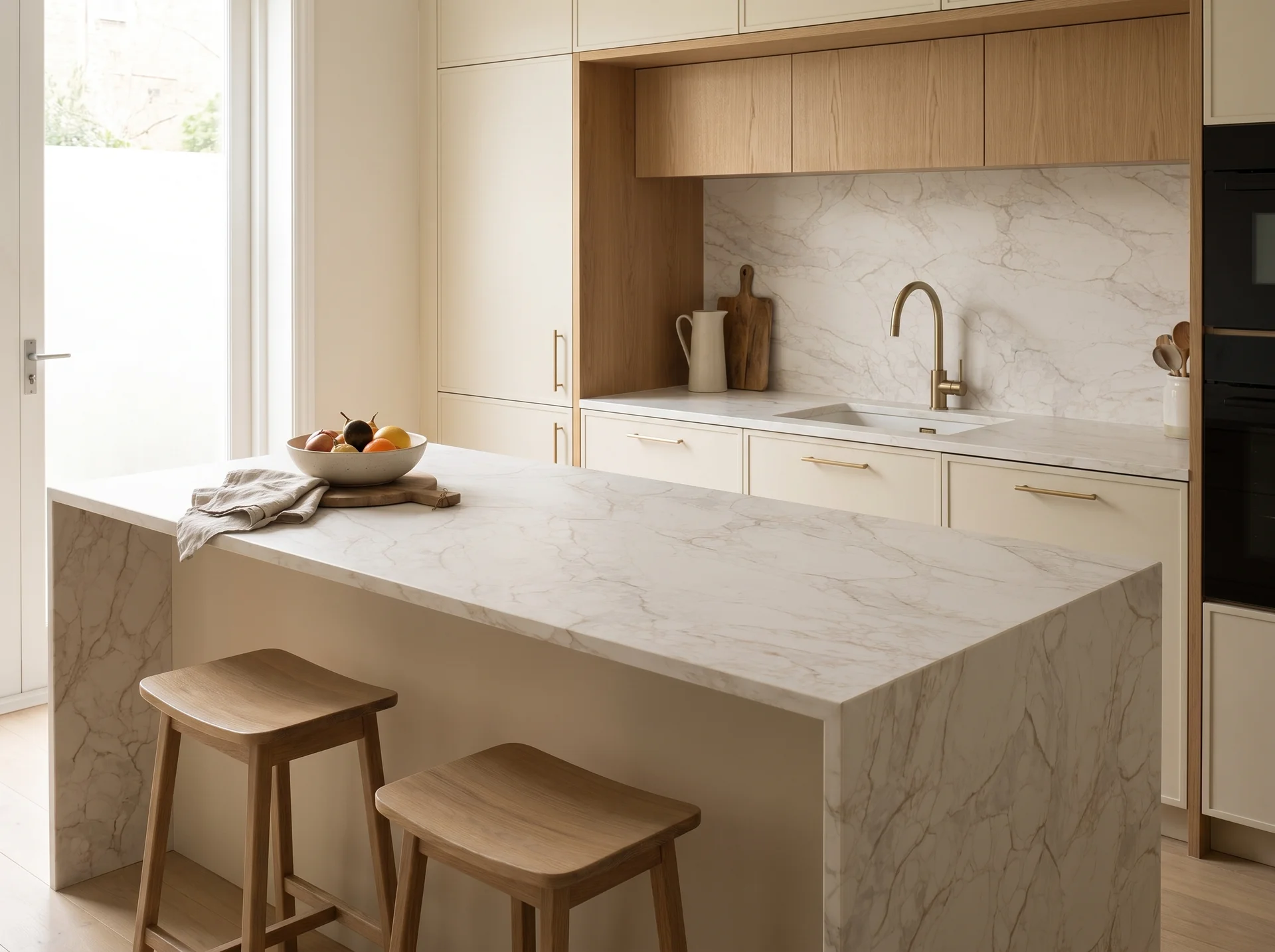 Arabescato Simba Modern Quartz Stone worktop in a wide kitchen view