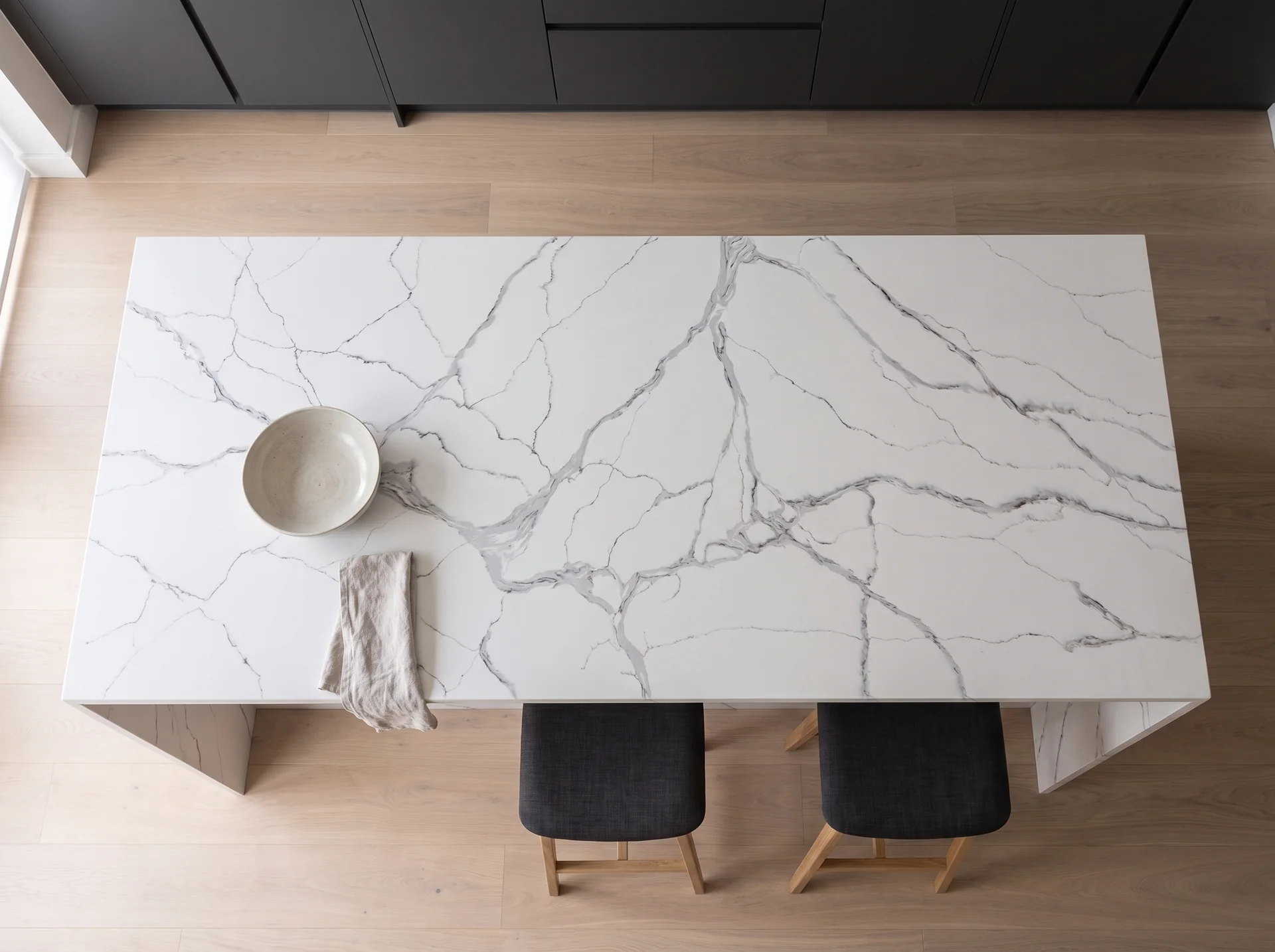 Atlanta quartz worktop shown from an overhead kitchen view