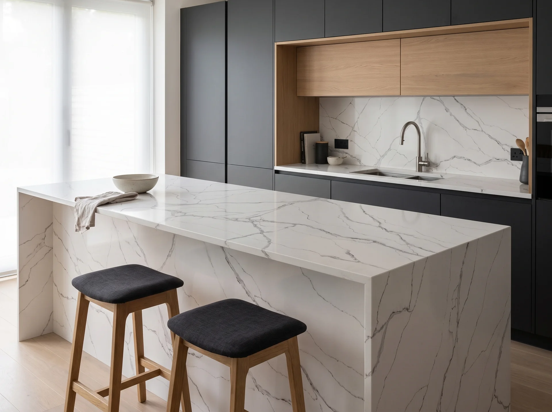 Atlanta Modern Quartz Stone worktop in a wide kitchen view
