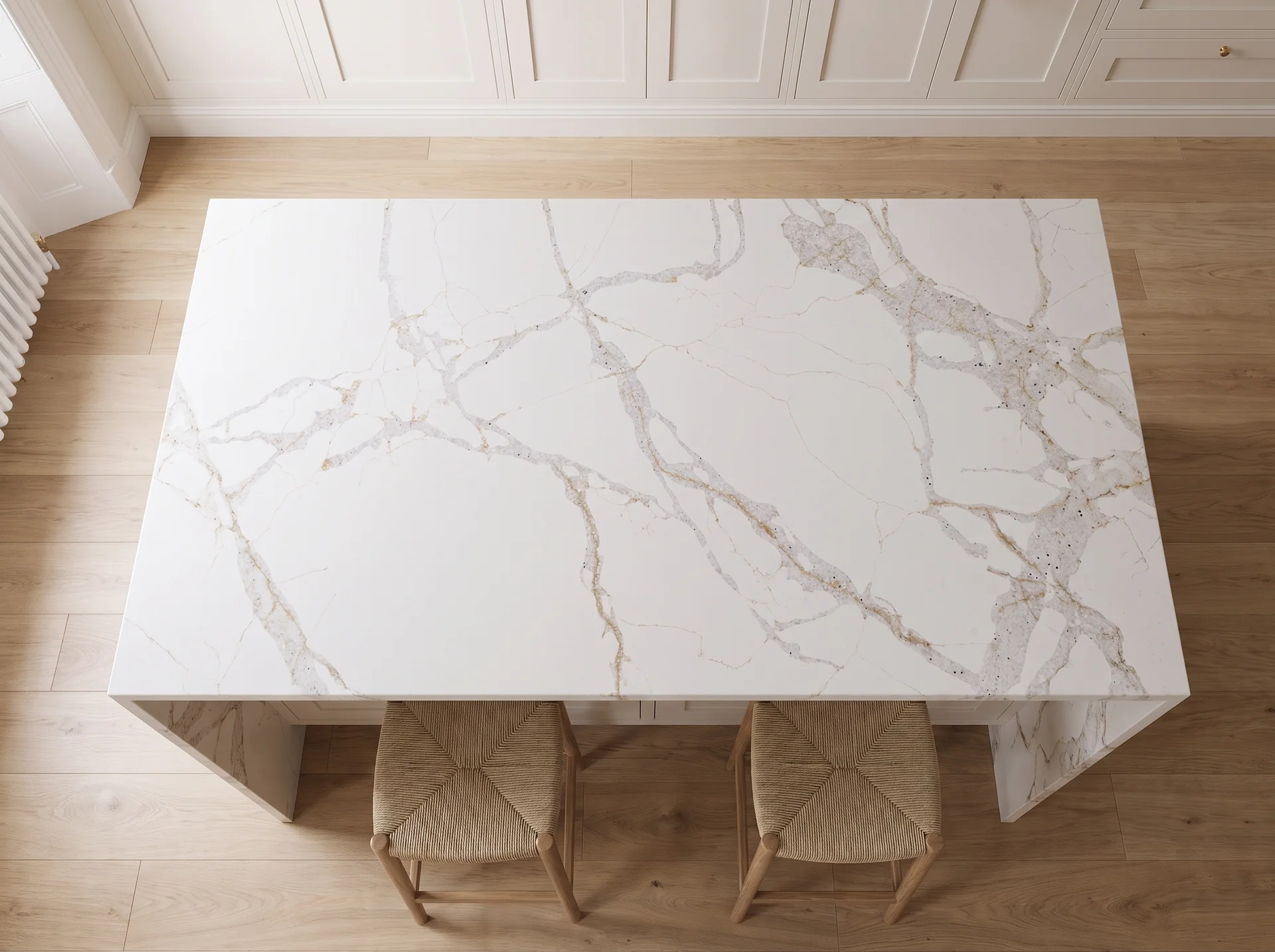 Bali quartz worktop shown from an overhead kitchen view