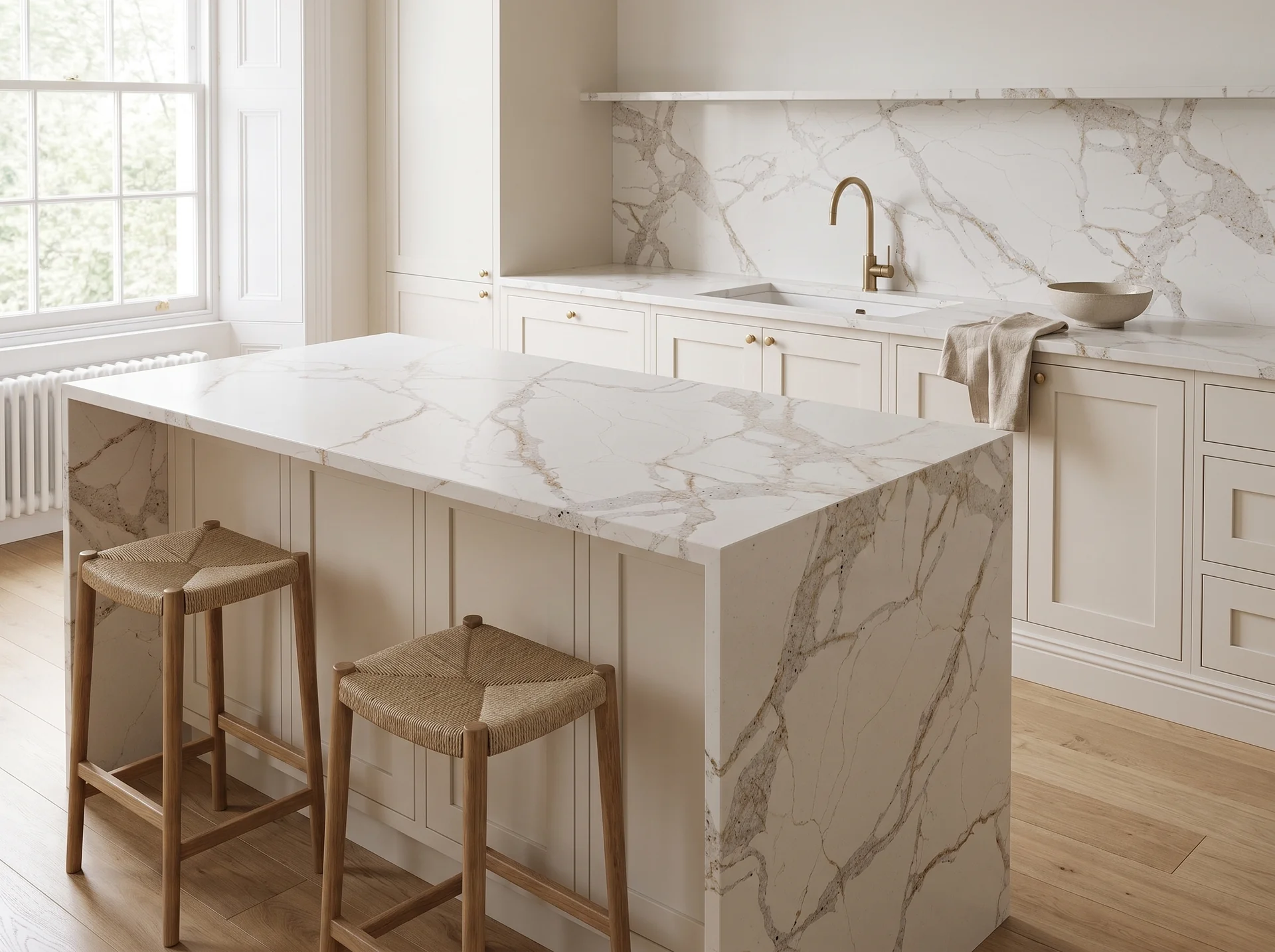Bali Modern Quartz Stone worktop in a wide kitchen view