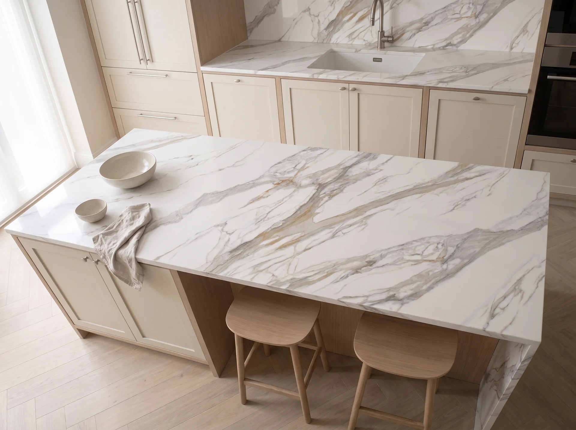 Barcelona 3D quartz worktop shown from an overhead kitchen view