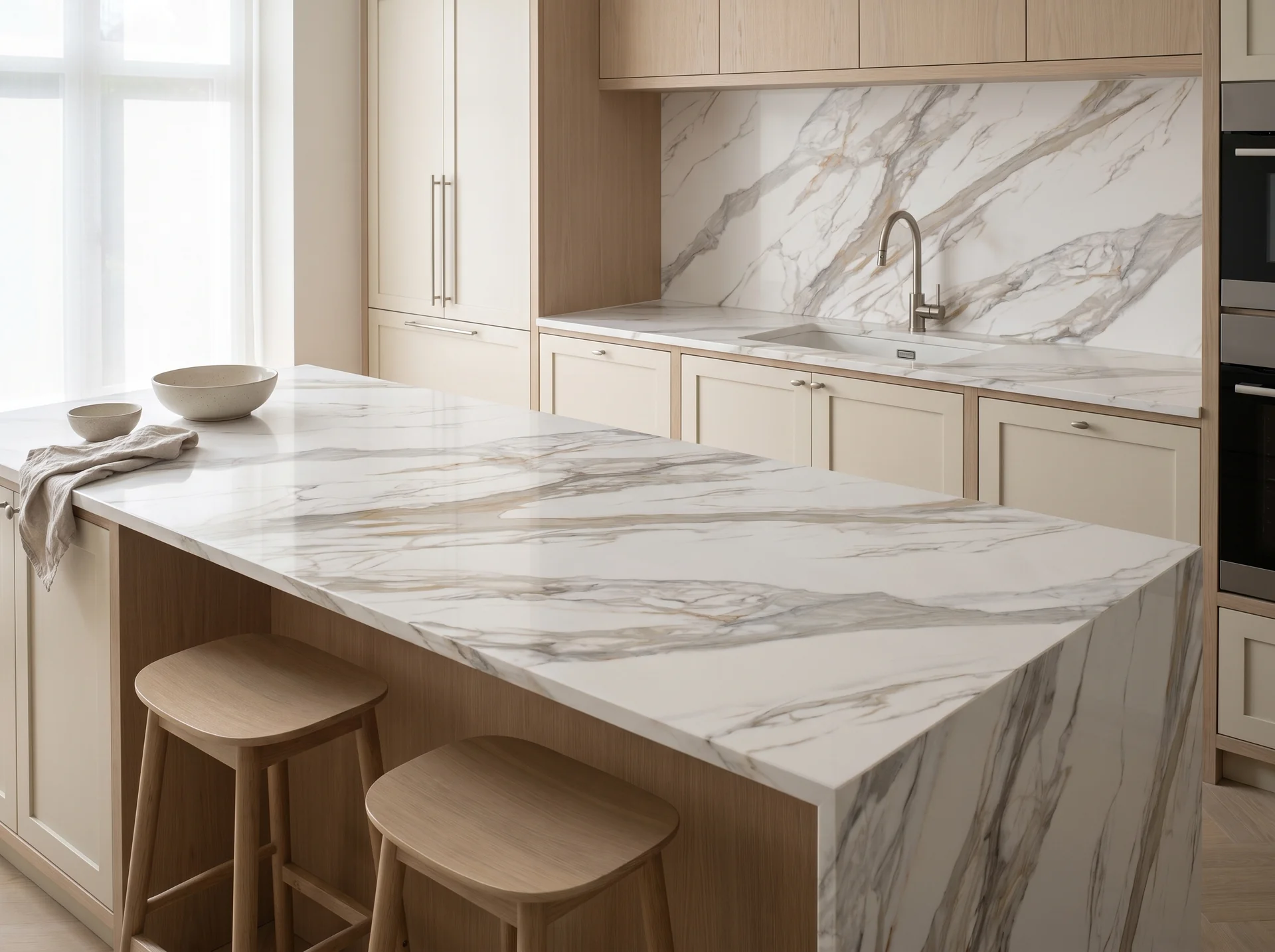 Barcelona 3D Modern Quartz Stone worktop in a wide kitchen view