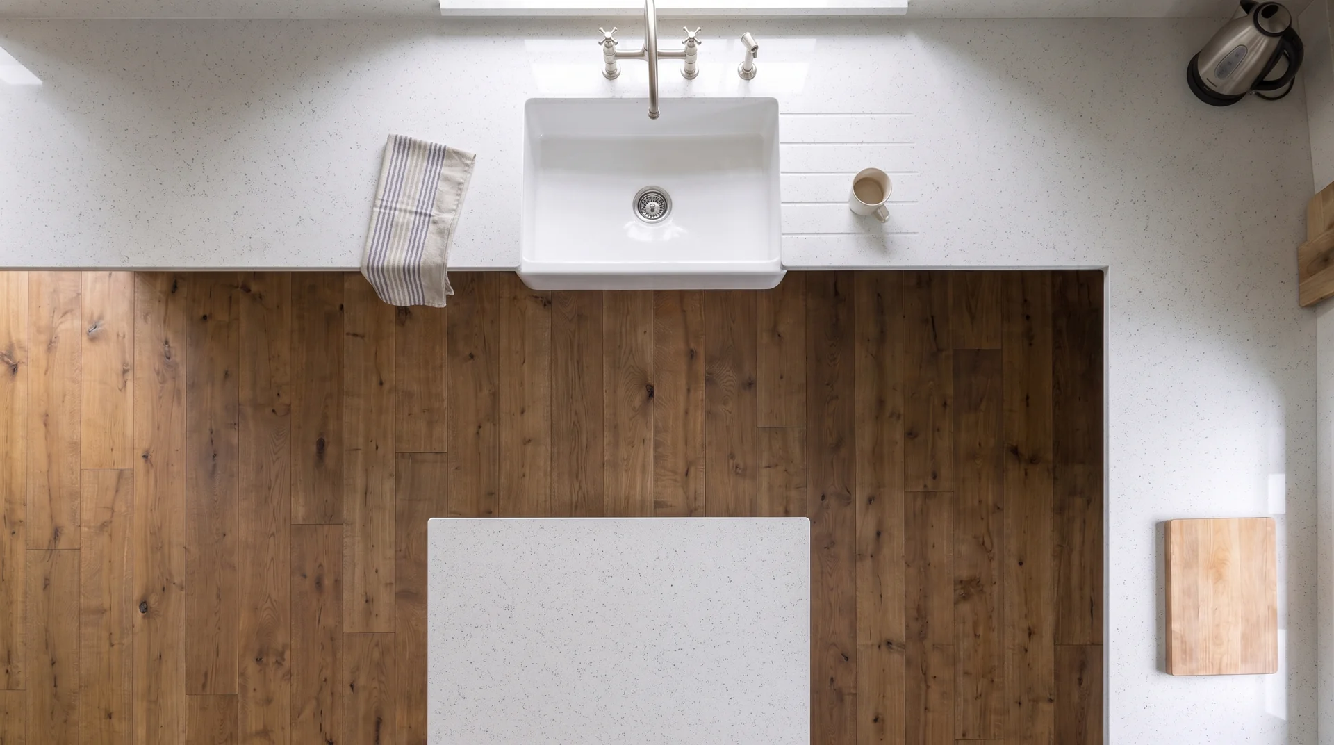 Stellar Branco quartz worktop shown from an overhead kitchen view