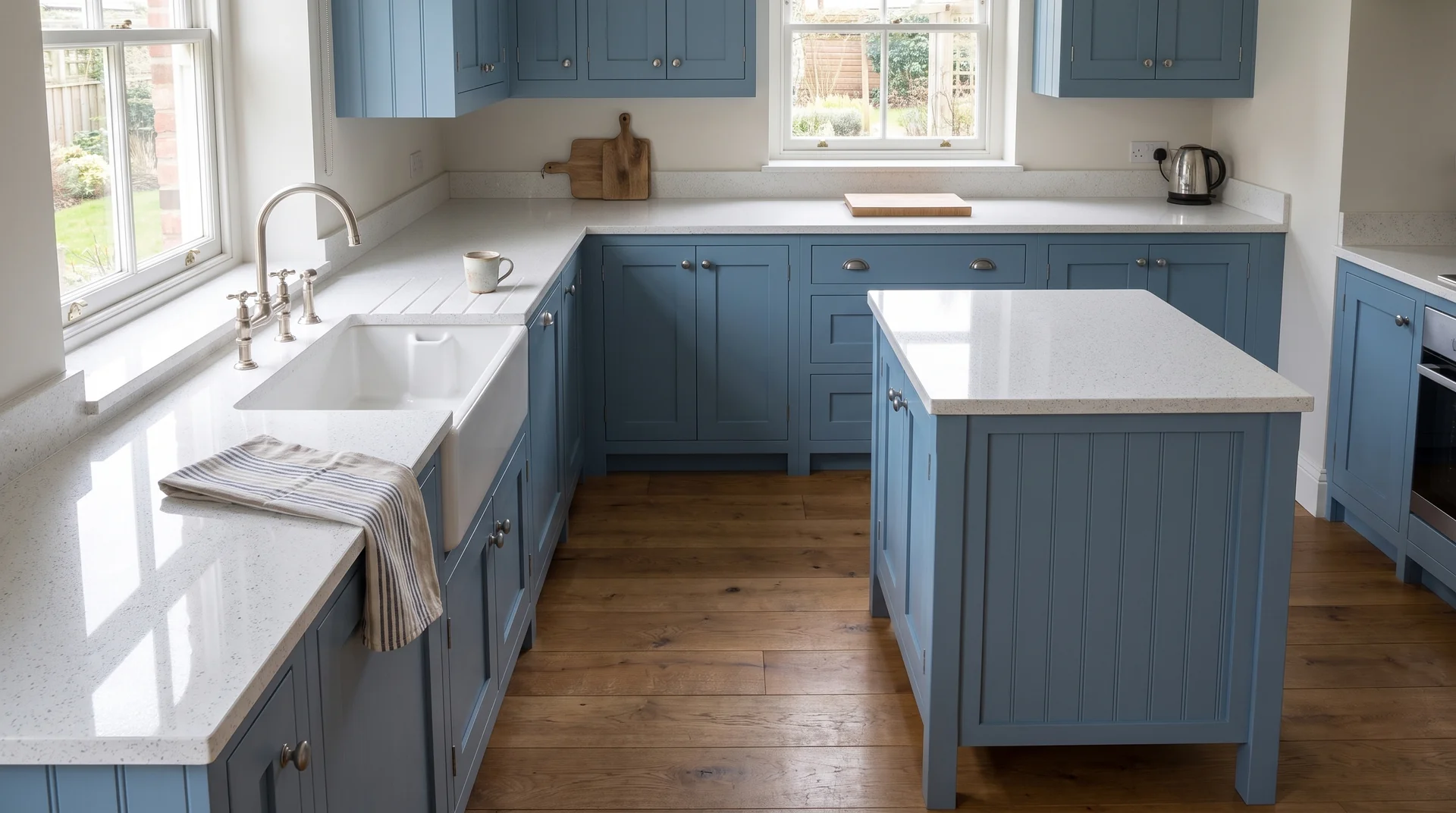 Stellar Branco Modern Quartz Stone worktop in a wide kitchen view