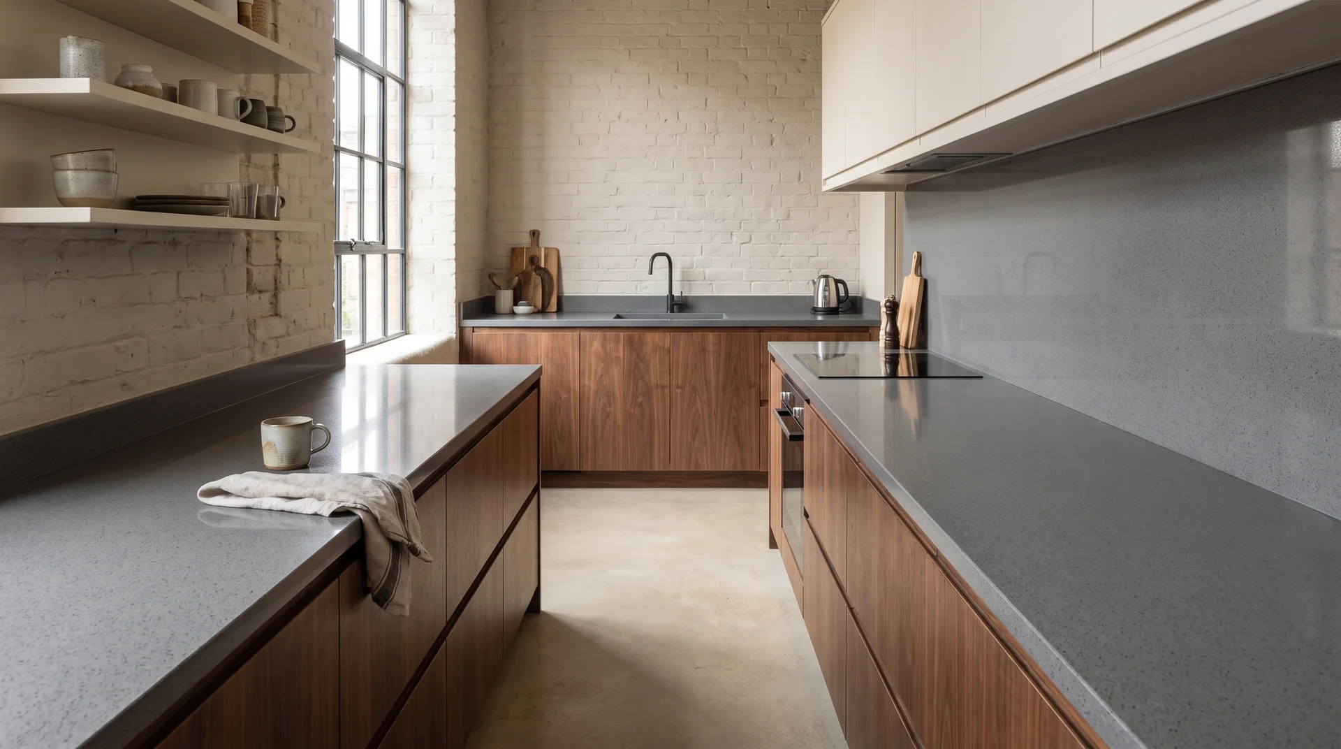 Stellar Light Gris Modern Quartz Stone worktop in a wide kitchen view