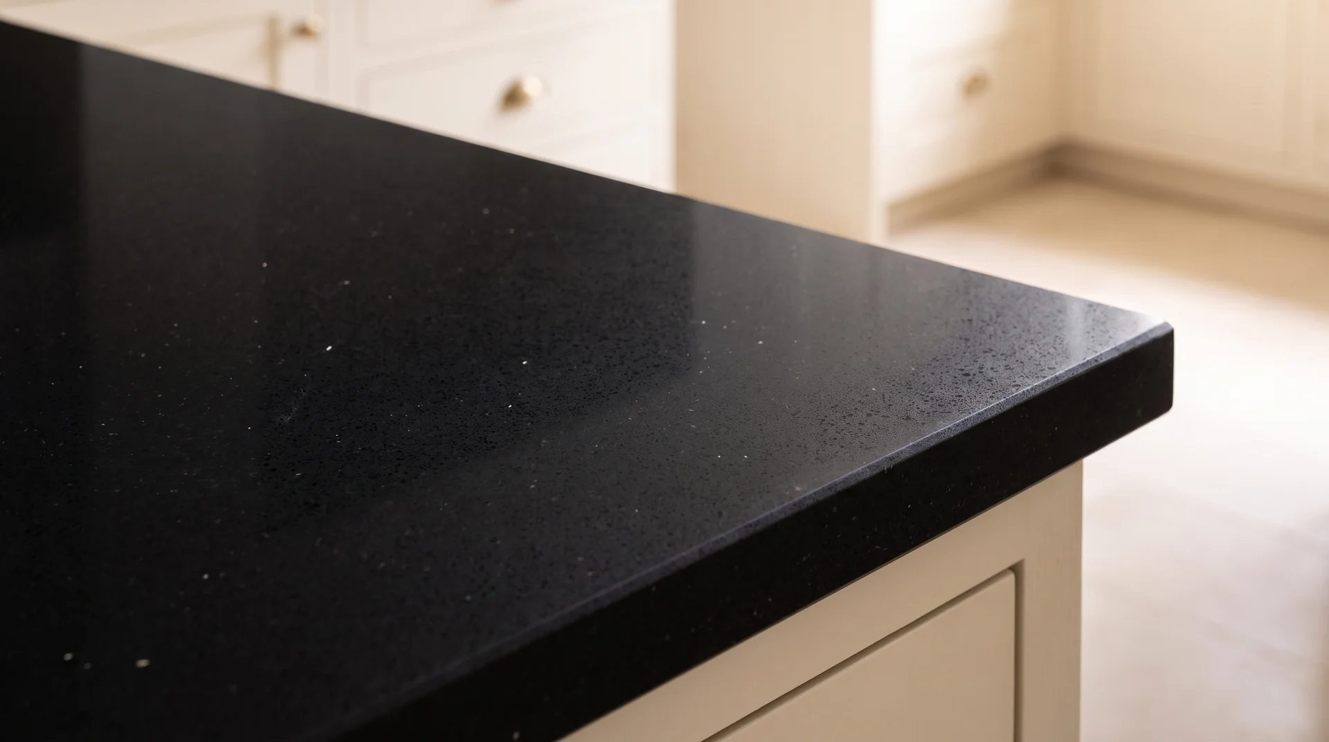 Stellar Noir quartz worktop close-up showing surface detail