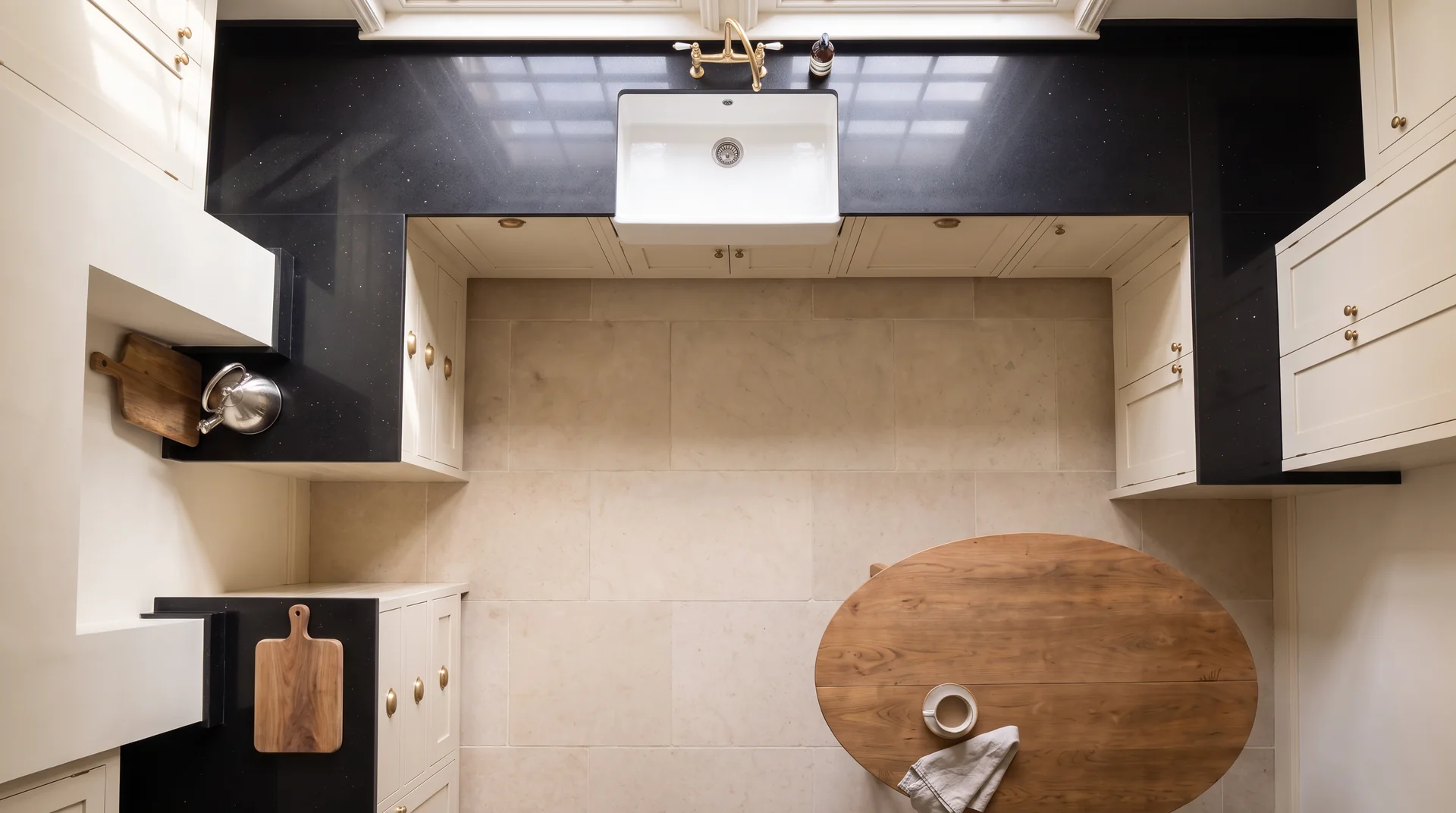 Stellar Noir quartz worktop shown from an overhead kitchen view