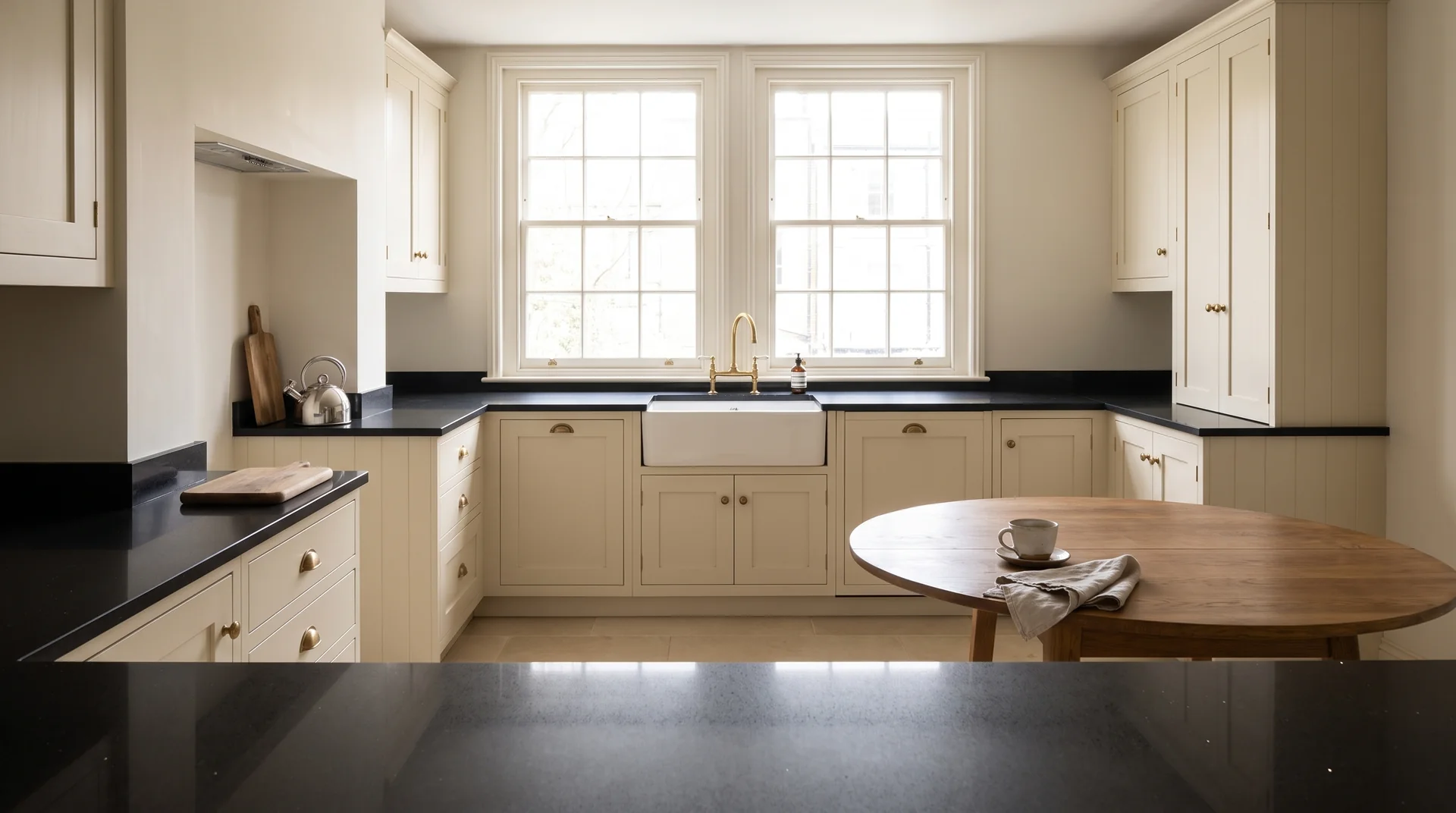 Stellar Noir Modern Quartz Stone worktop in a wide kitchen view