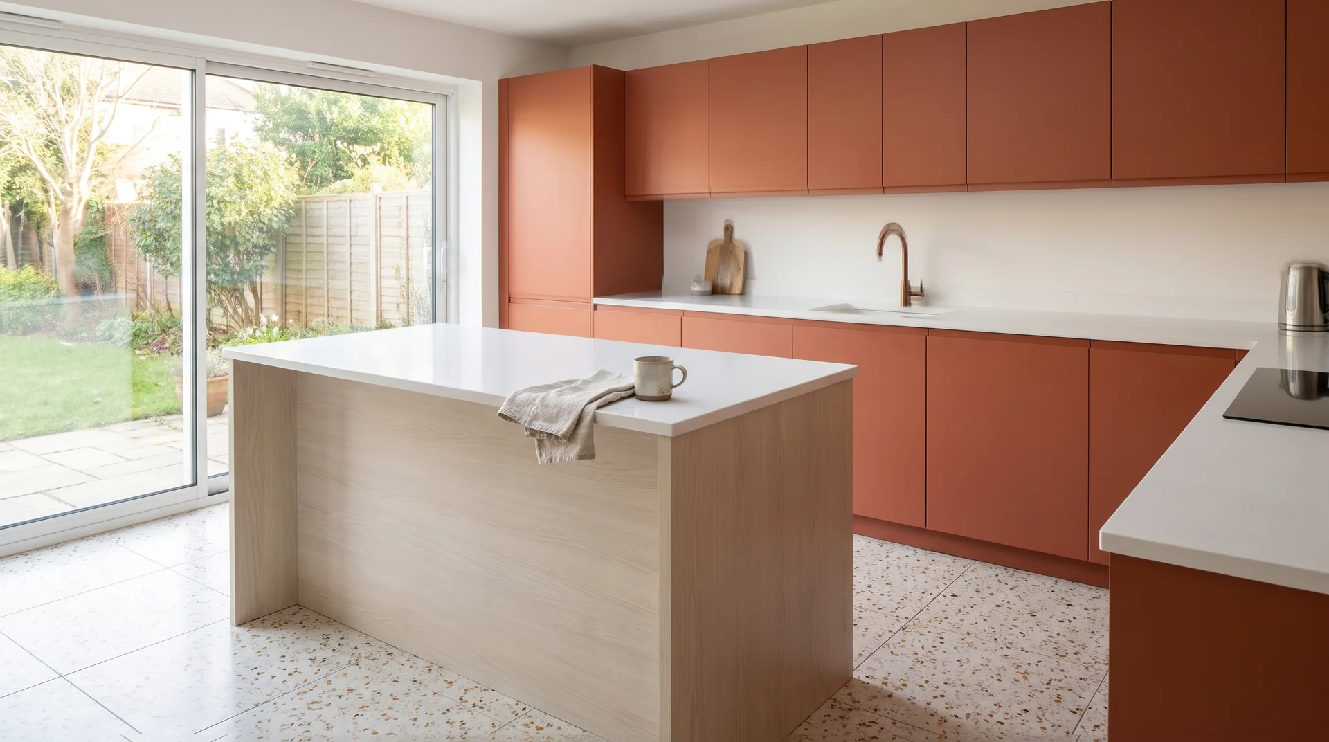 Pure White Modern Quartz Stone worktop in a wide kitchen view