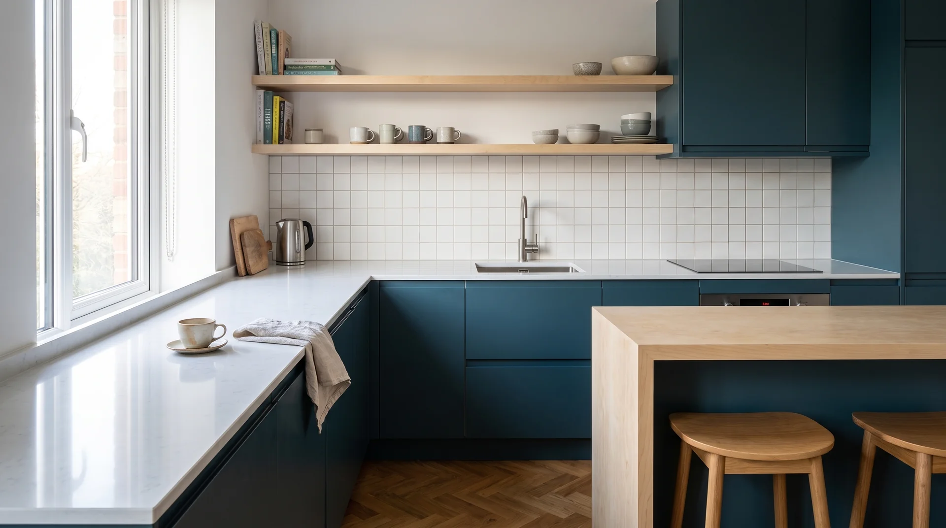 Ice Snow Modern Quartz Stone worktop in a wide kitchen view