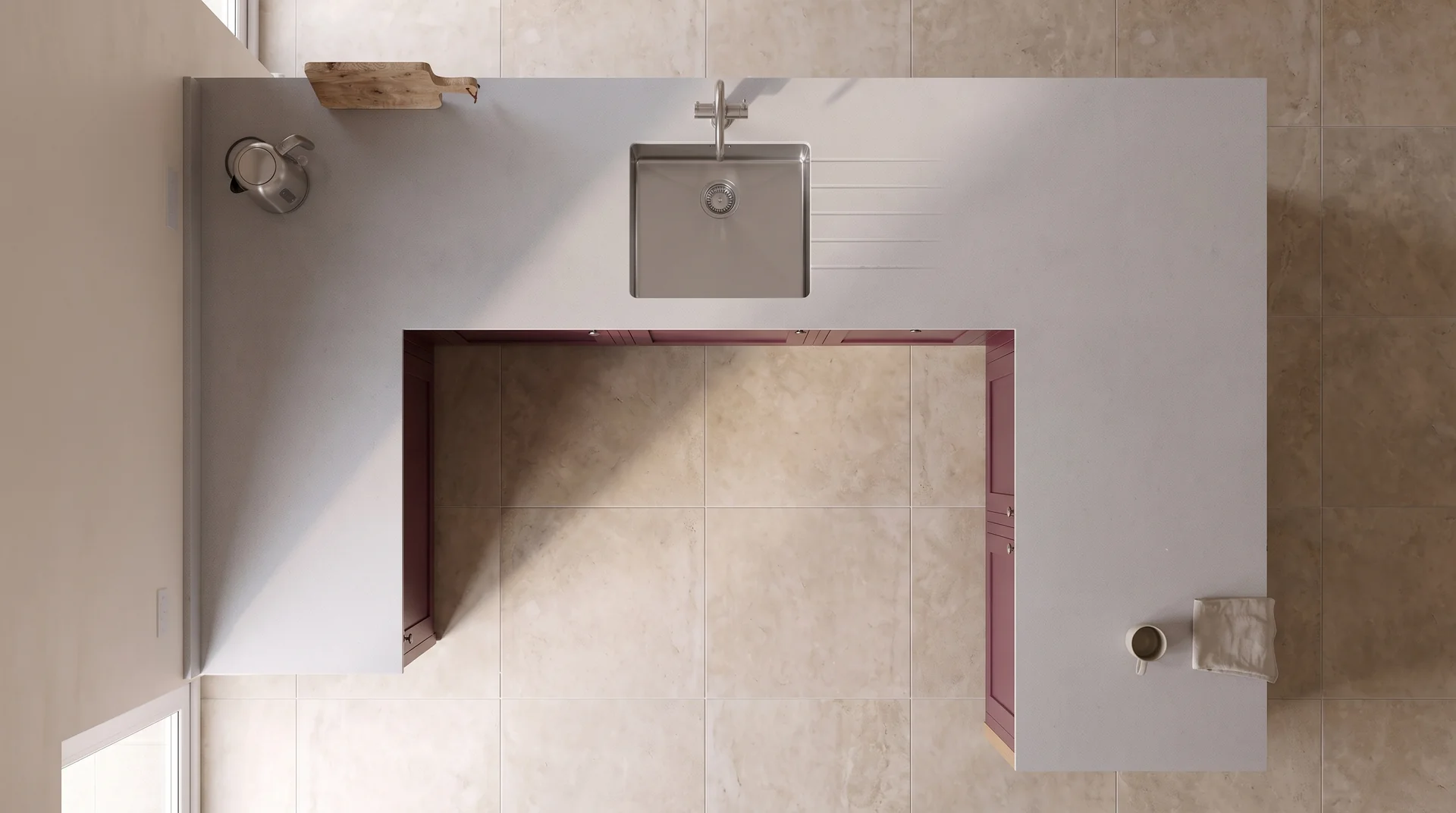 Ice Shimmer quartz worktop shown from an overhead kitchen view
