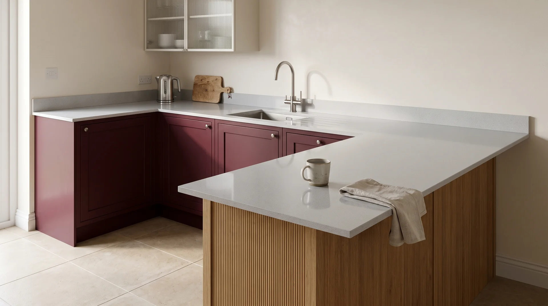 Ice Shimmer Modern Quartz Stone worktop in a wide kitchen view