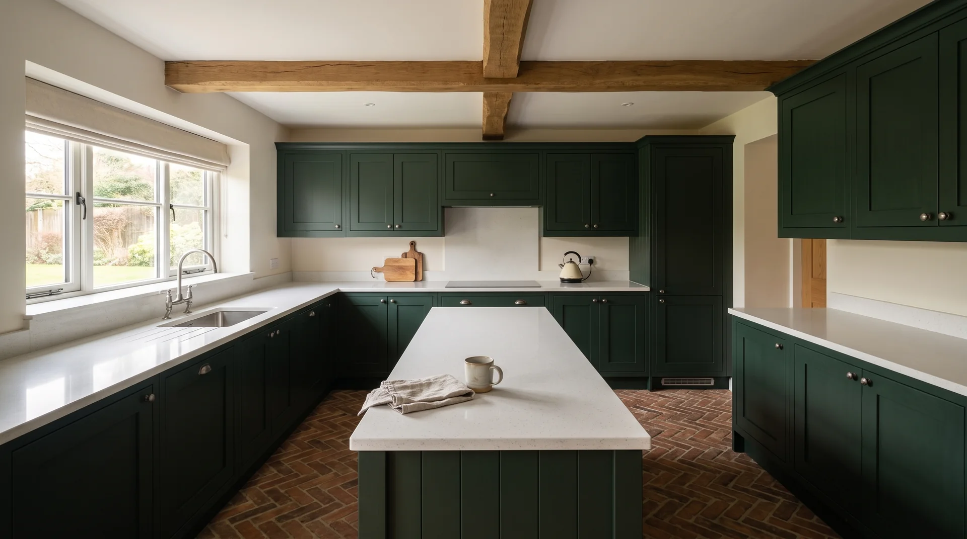 Snow White Modern Quartz Stone worktop in a wide kitchen view