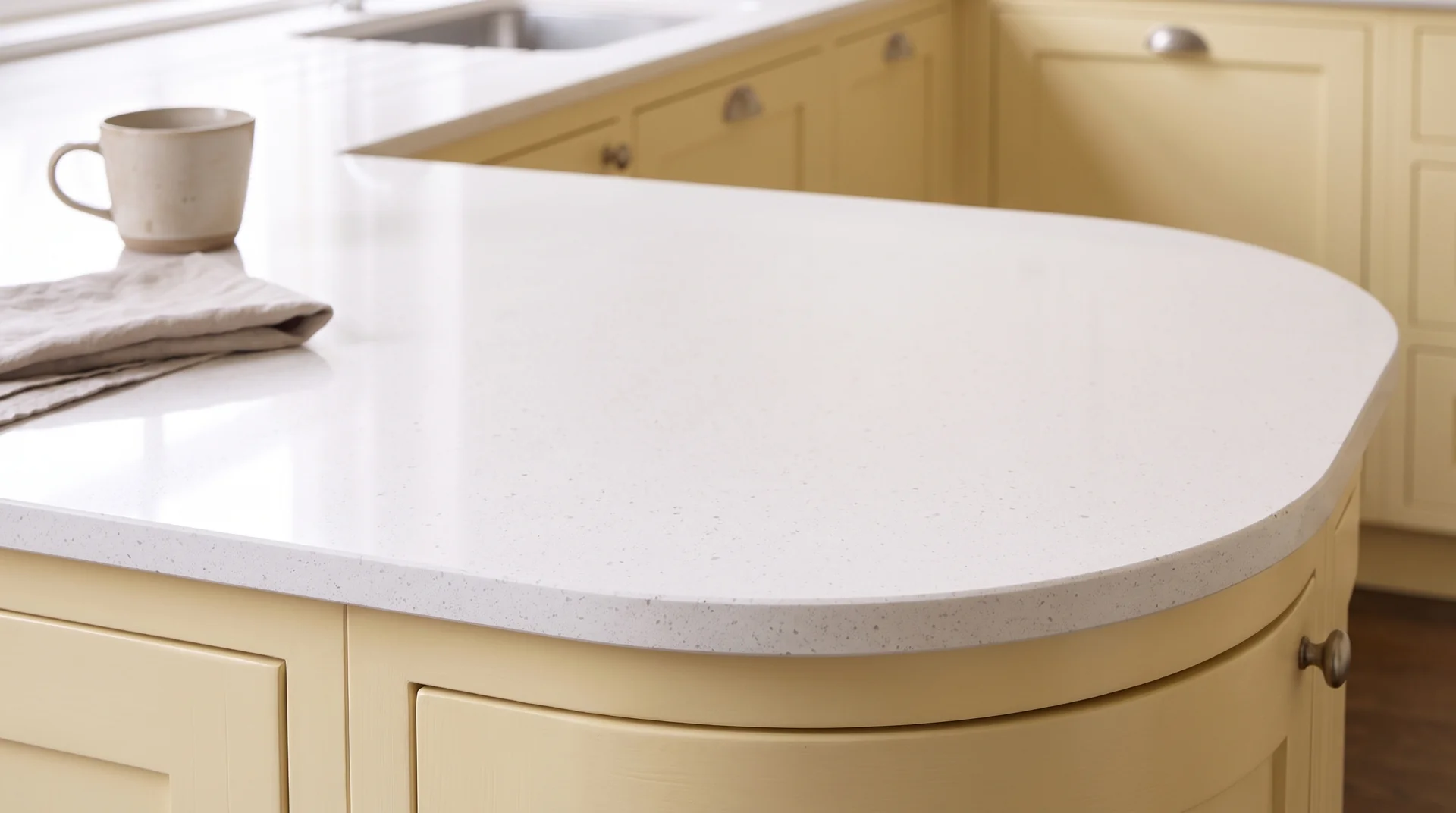 Ice Branco quartz worktop close-up showing surface detail