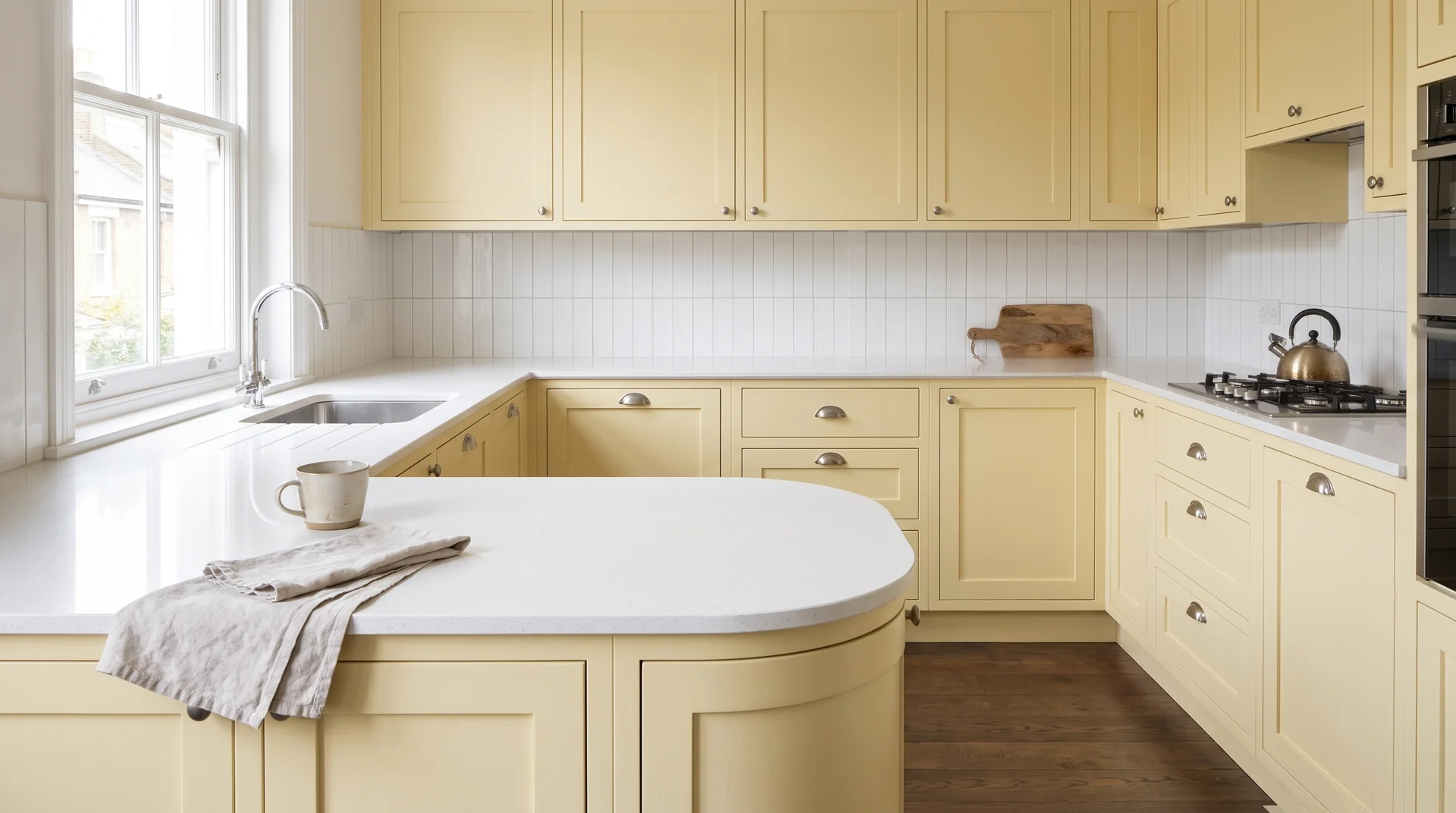 Ice Branco Modern Quartz Stone worktop in a wide kitchen view