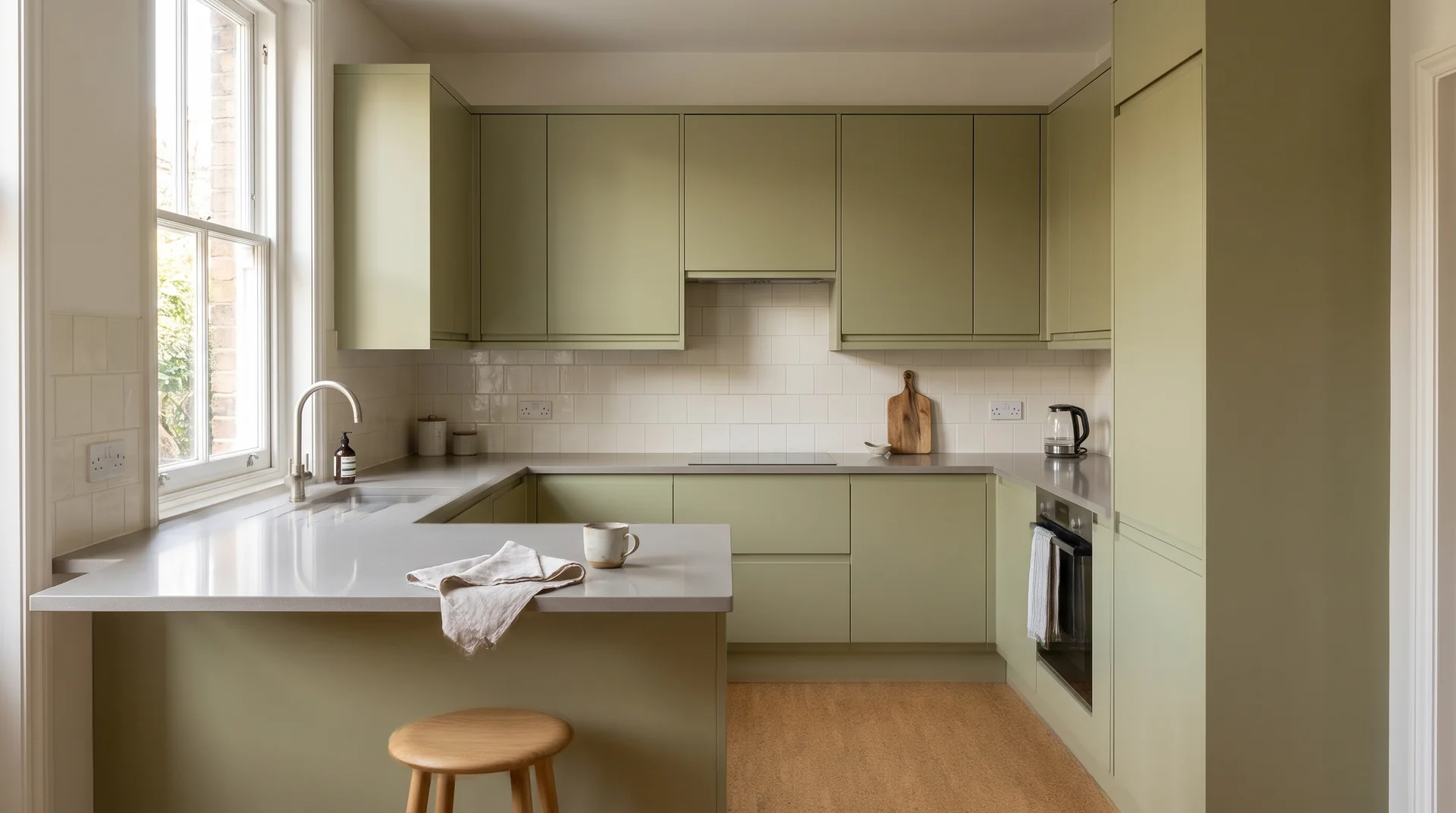 Ice Gris Modern Quartz Stone worktop in a wide kitchen view