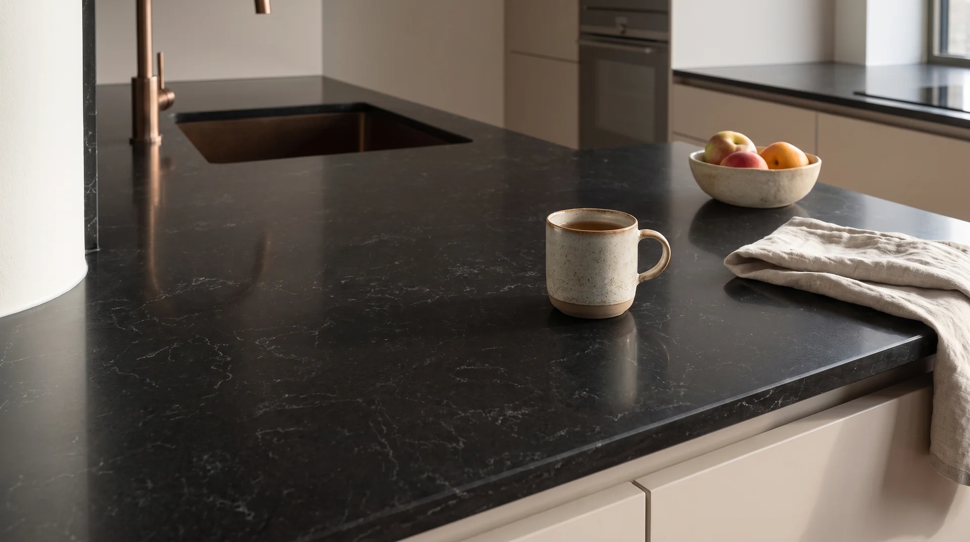 Carrara Noir quartz worktop close-up showing surface detail