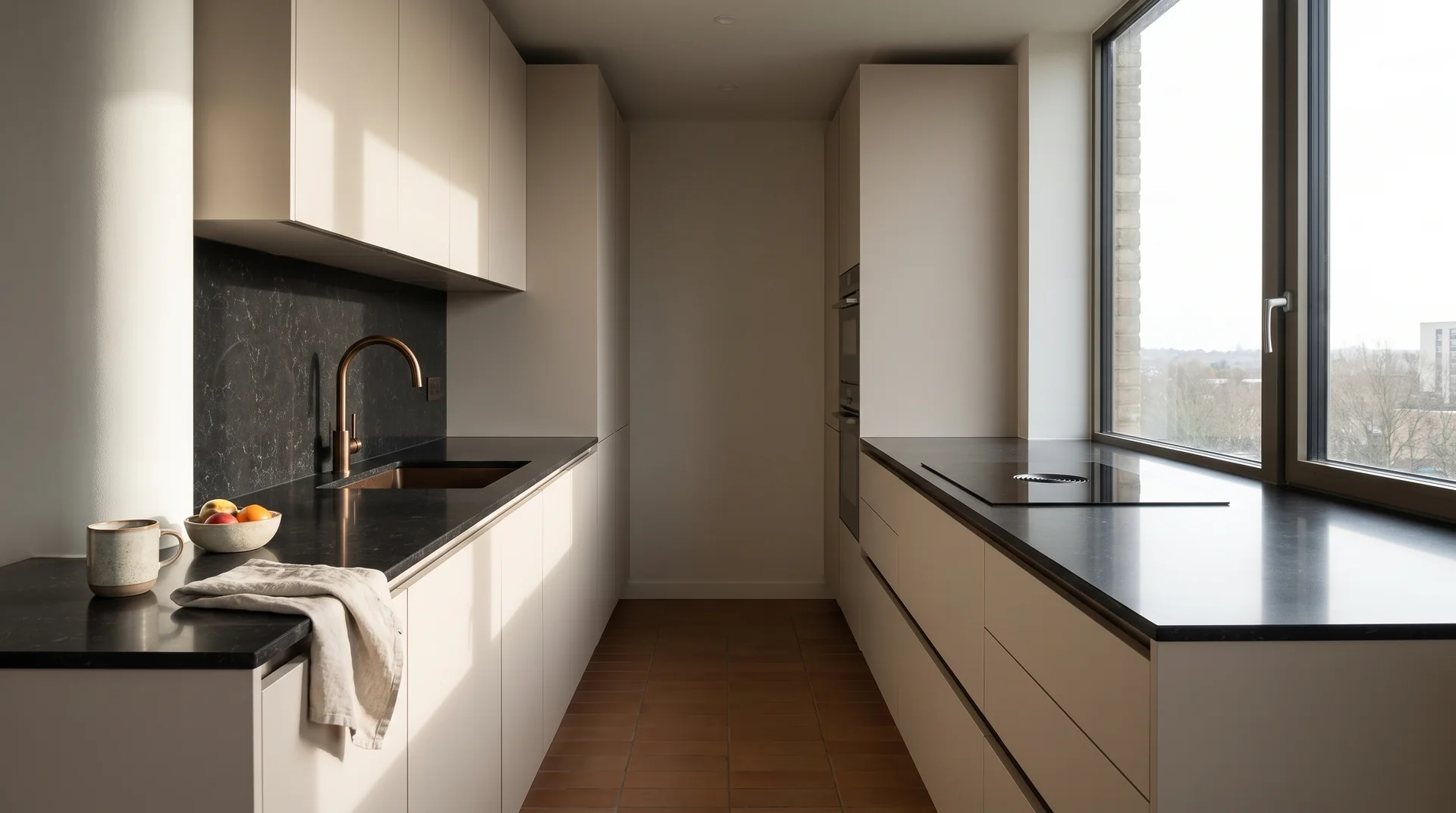 Carrara Noir Modern Quartz Stone worktop in a wide kitchen view