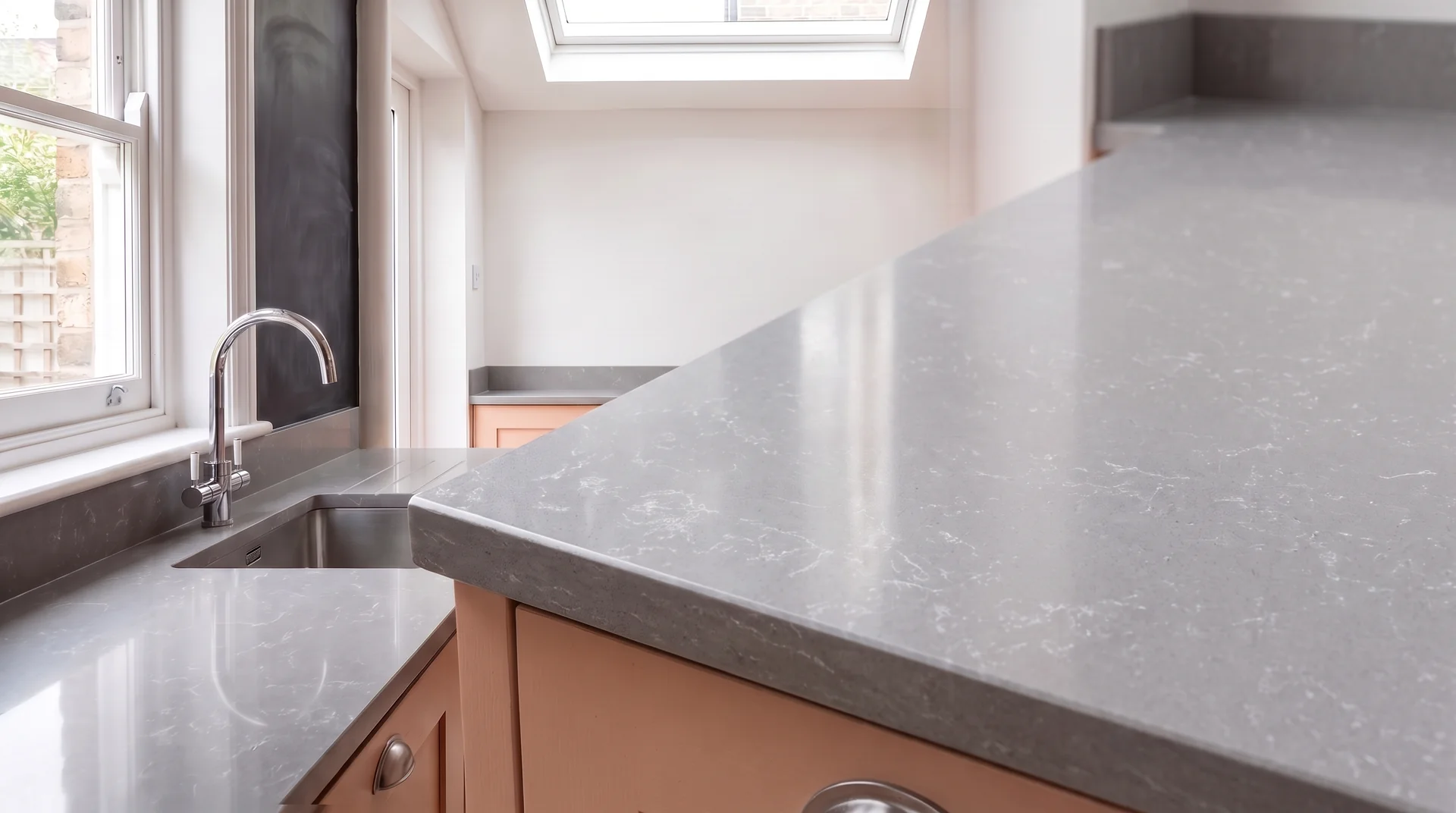 Carrara Silver quartz worktop close-up showing surface detail