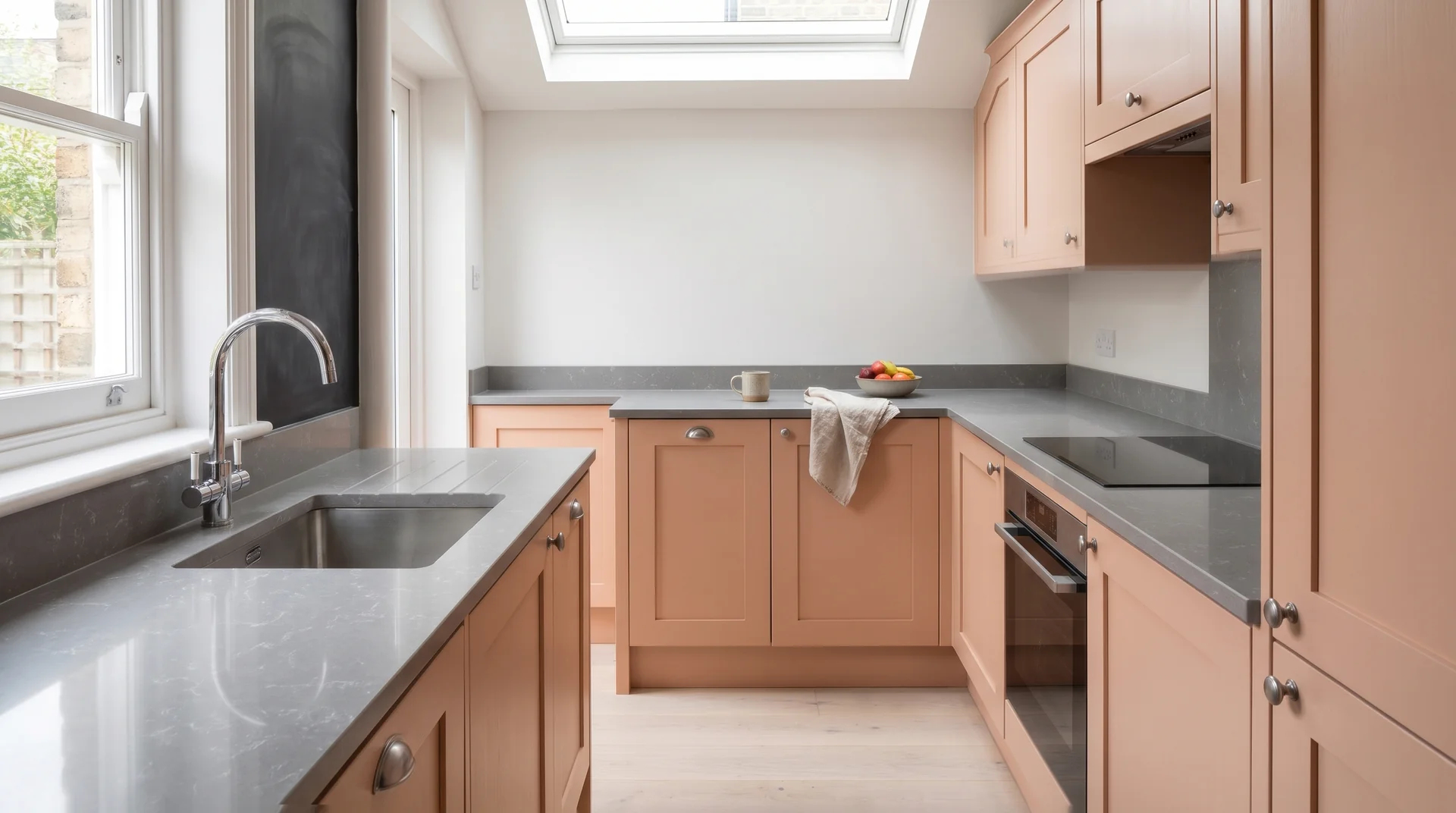 Carrara Silver Modern Quartz Stone worktop in a wide kitchen view