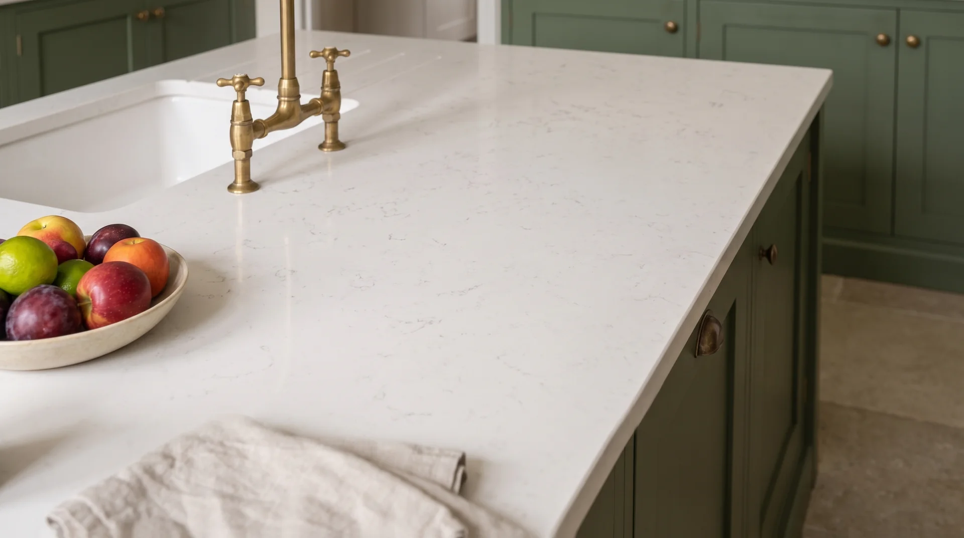 Carrara Oro quartz worktop close-up showing surface detail
