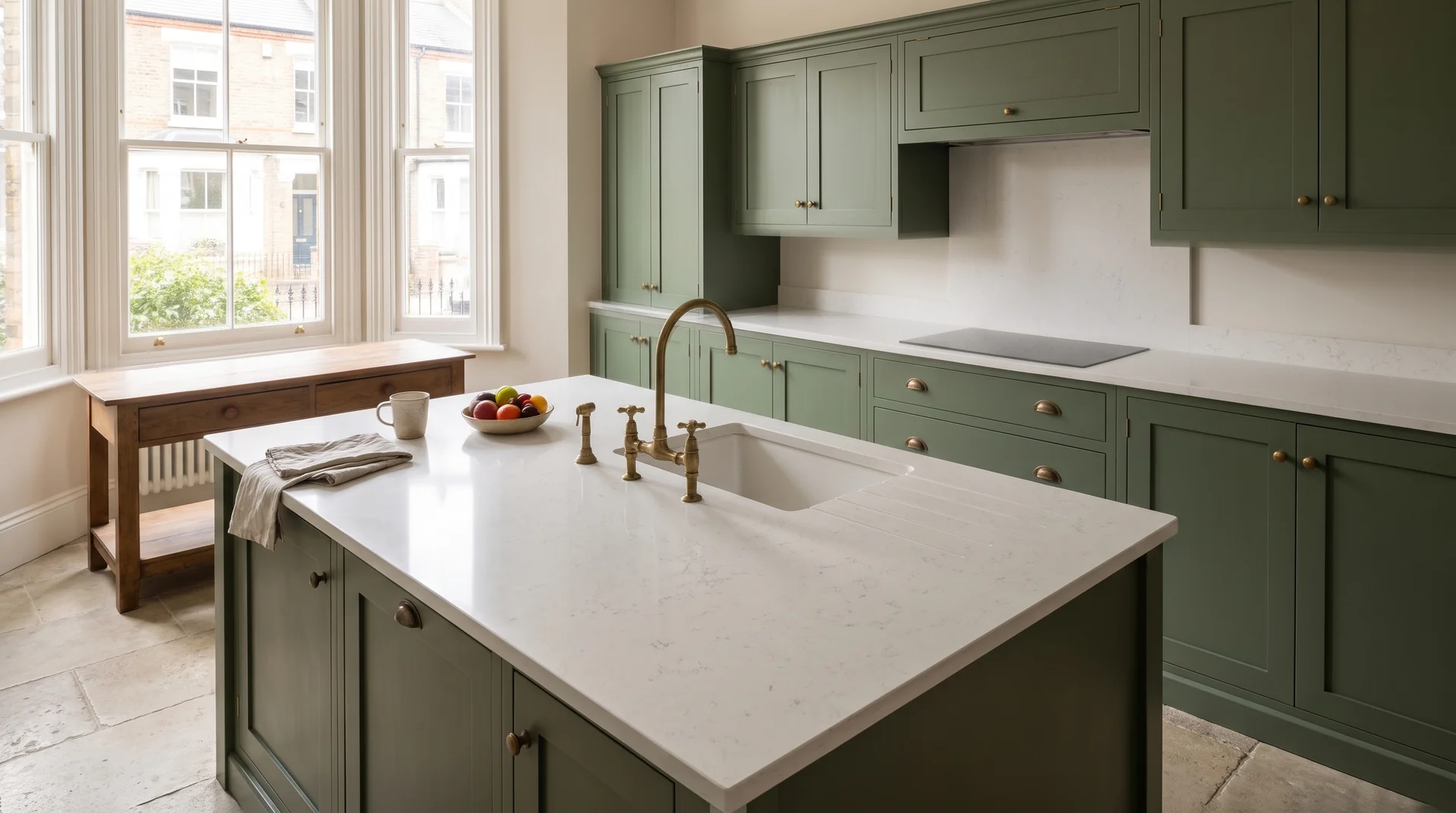 Carrara Oro Modern Quartz Stone worktop in a wide kitchen view