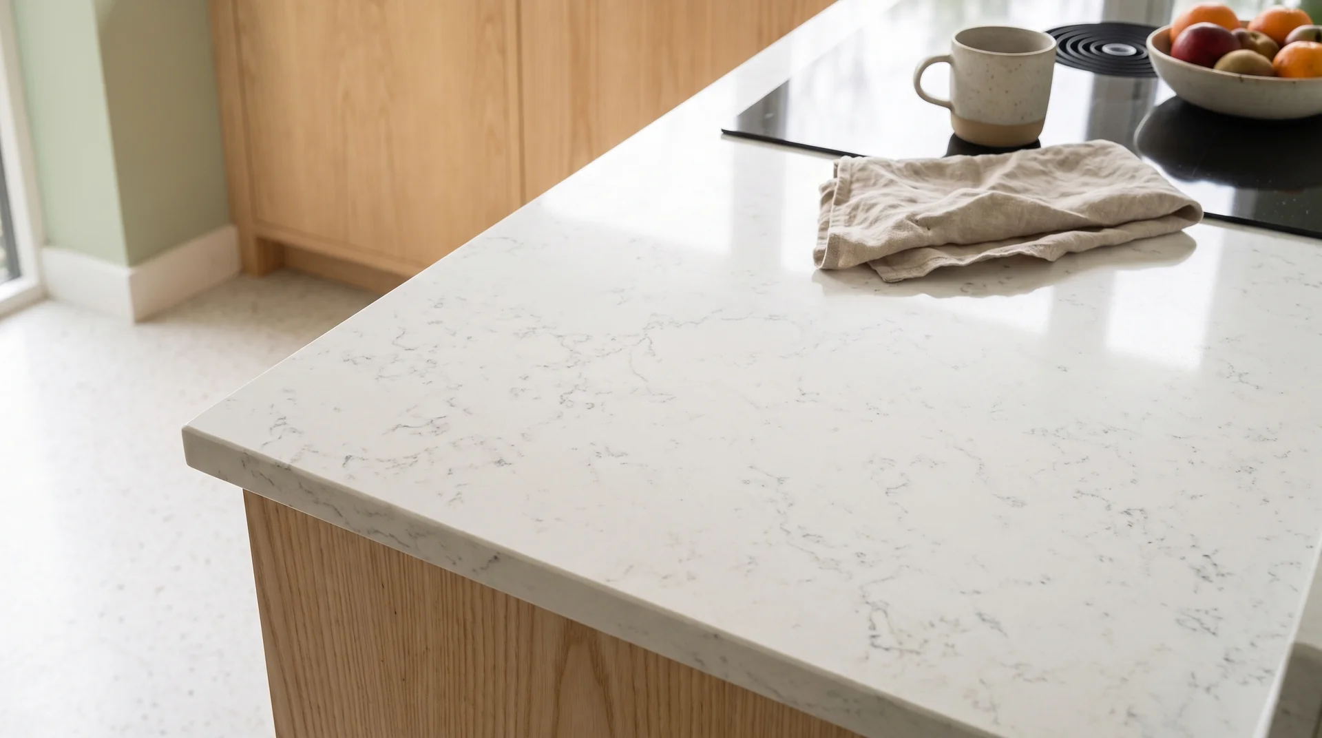Carrara Massa quartz worktop close-up showing surface detail