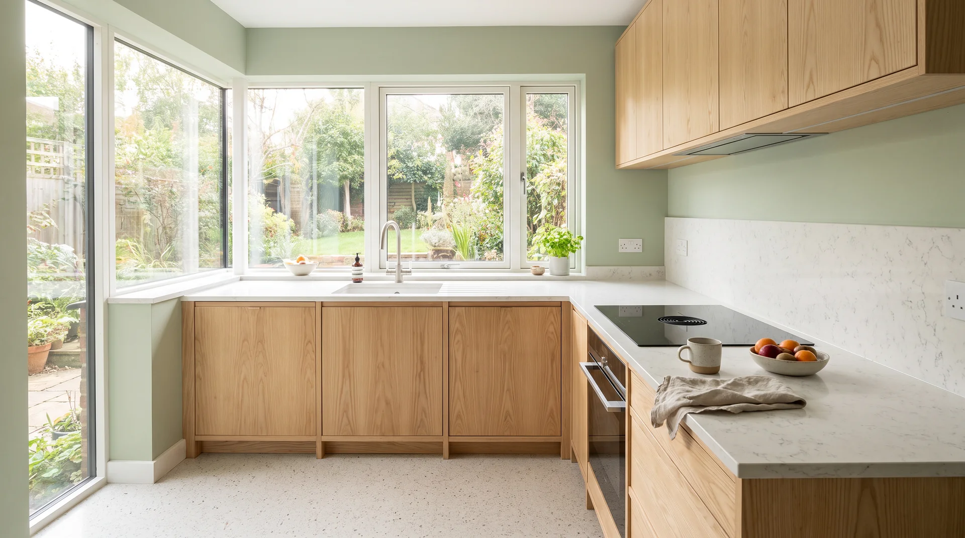 Carrara Massa Modern Quartz Stone worktop in a wide kitchen view