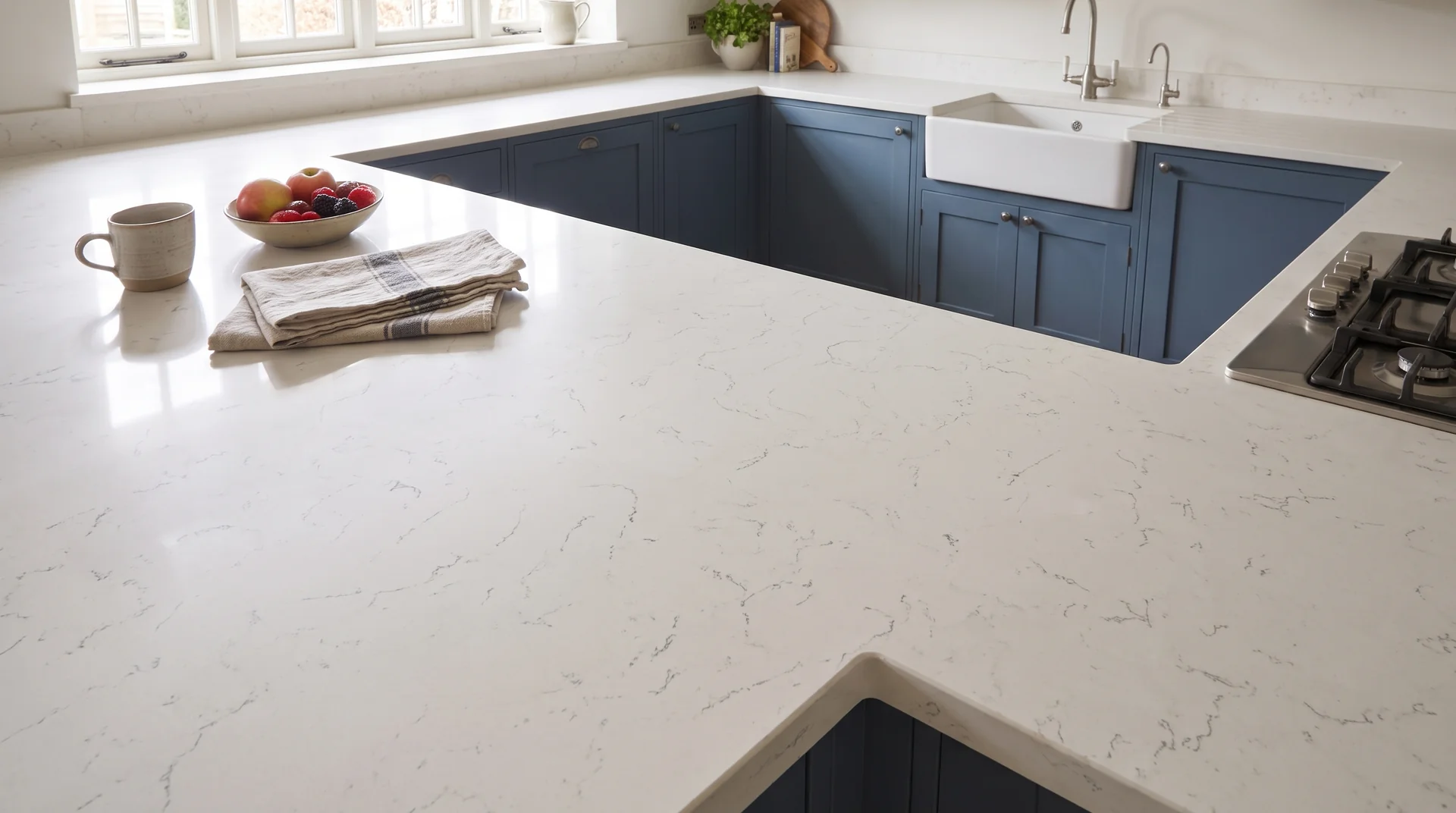 Carrara Light quartz worktop close-up showing surface detail