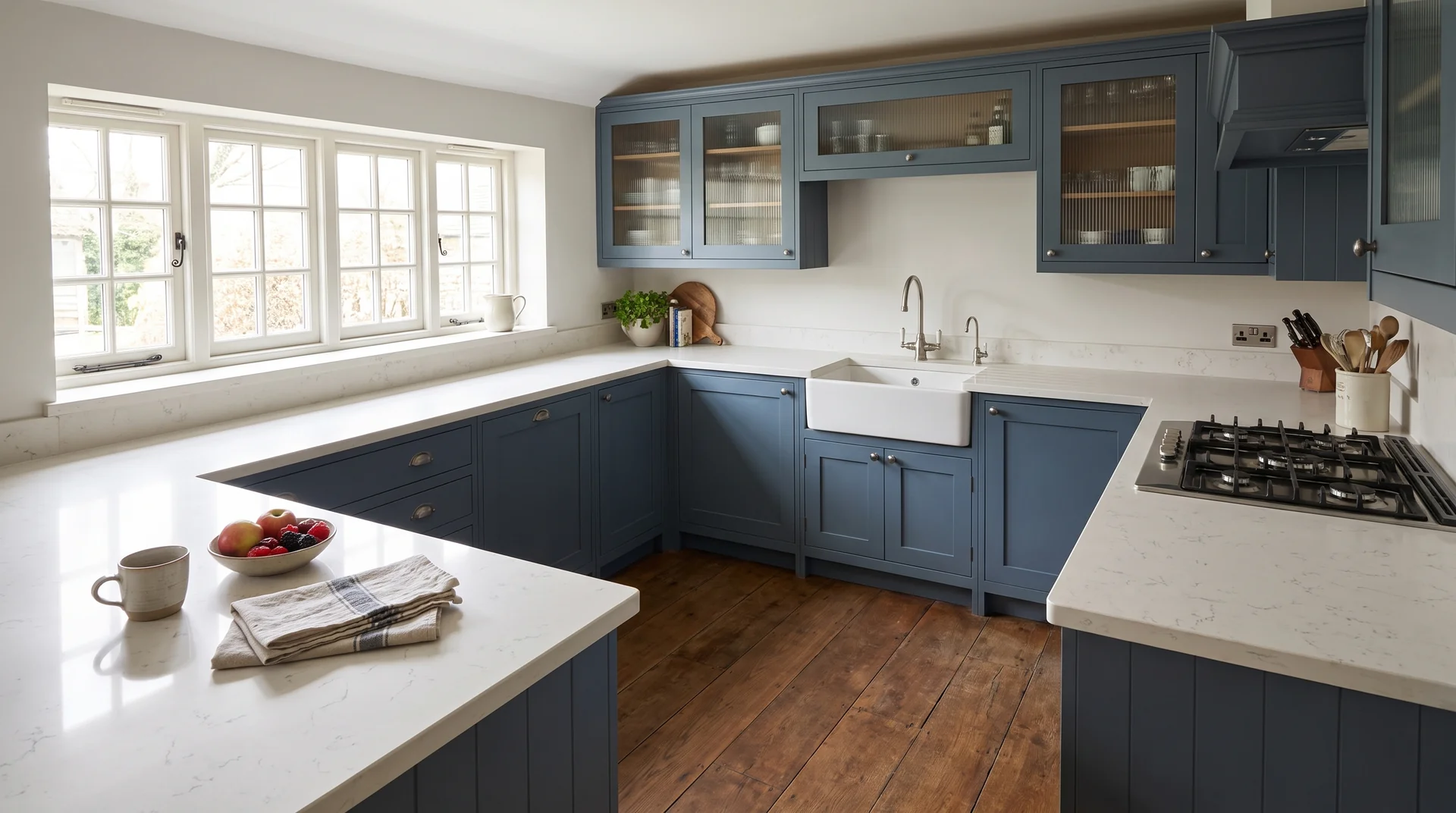 Carrara Light Modern Quartz Stone worktop in a wide kitchen view