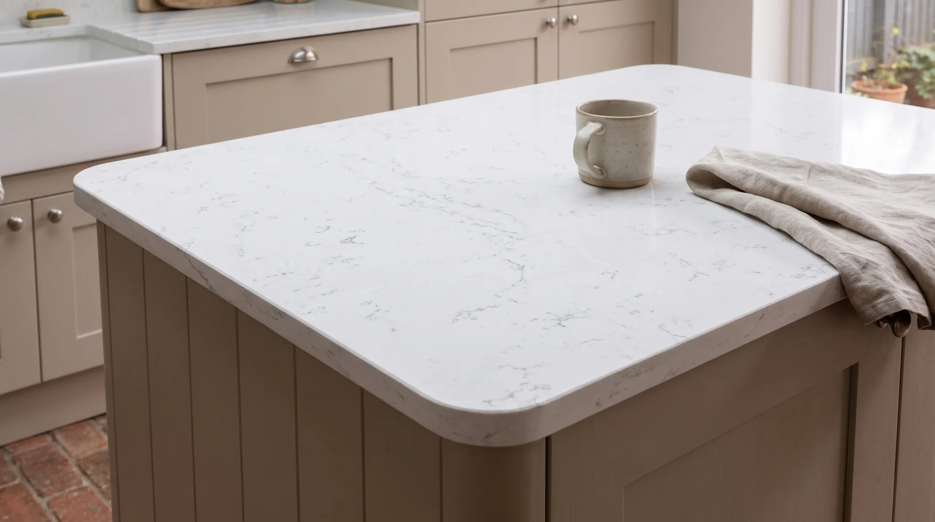 Carrara Marmi quartz worktop close-up showing surface detail