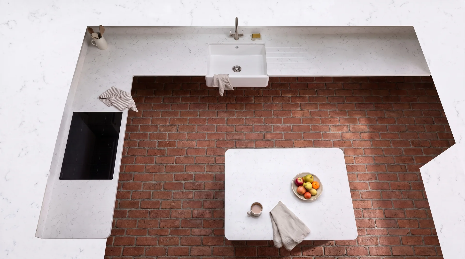 Carrara Marmi quartz worktop shown from an overhead kitchen view