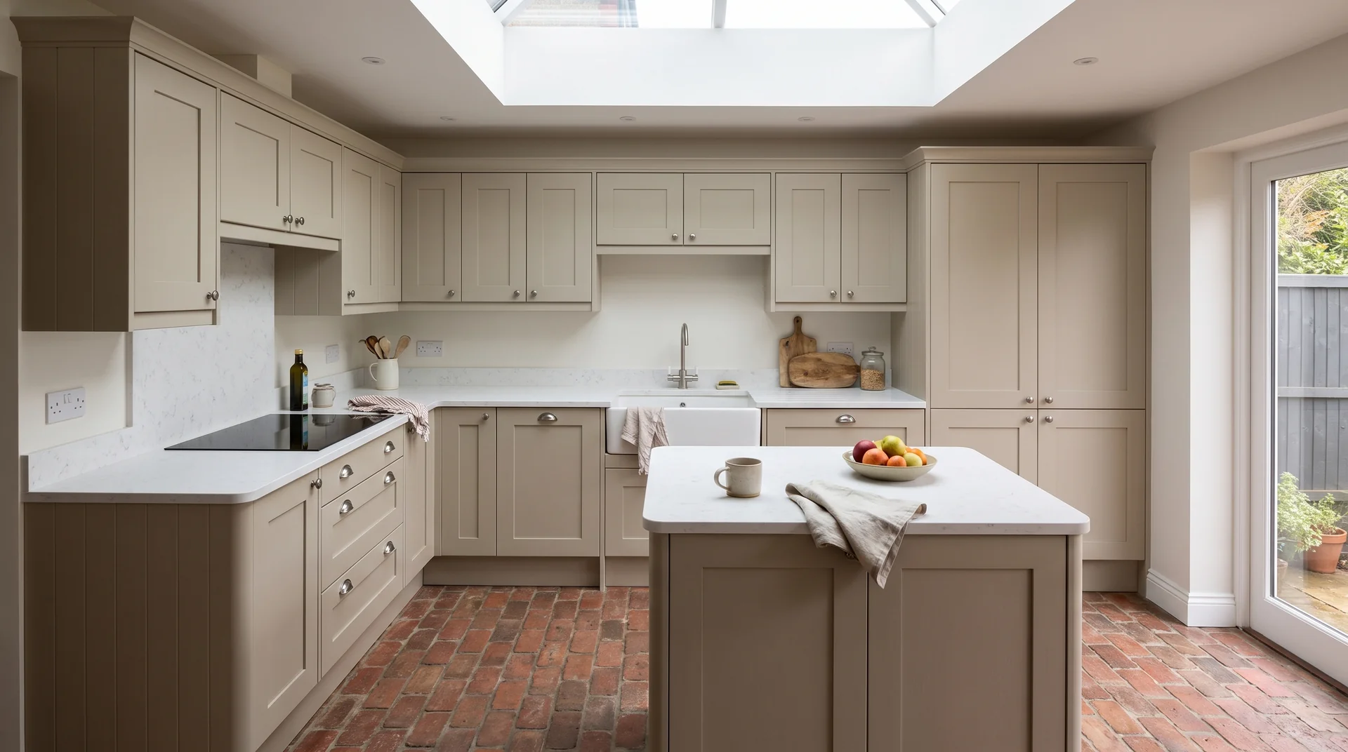 Carrara Marmi Modern Quartz Stone worktop in a wide kitchen view