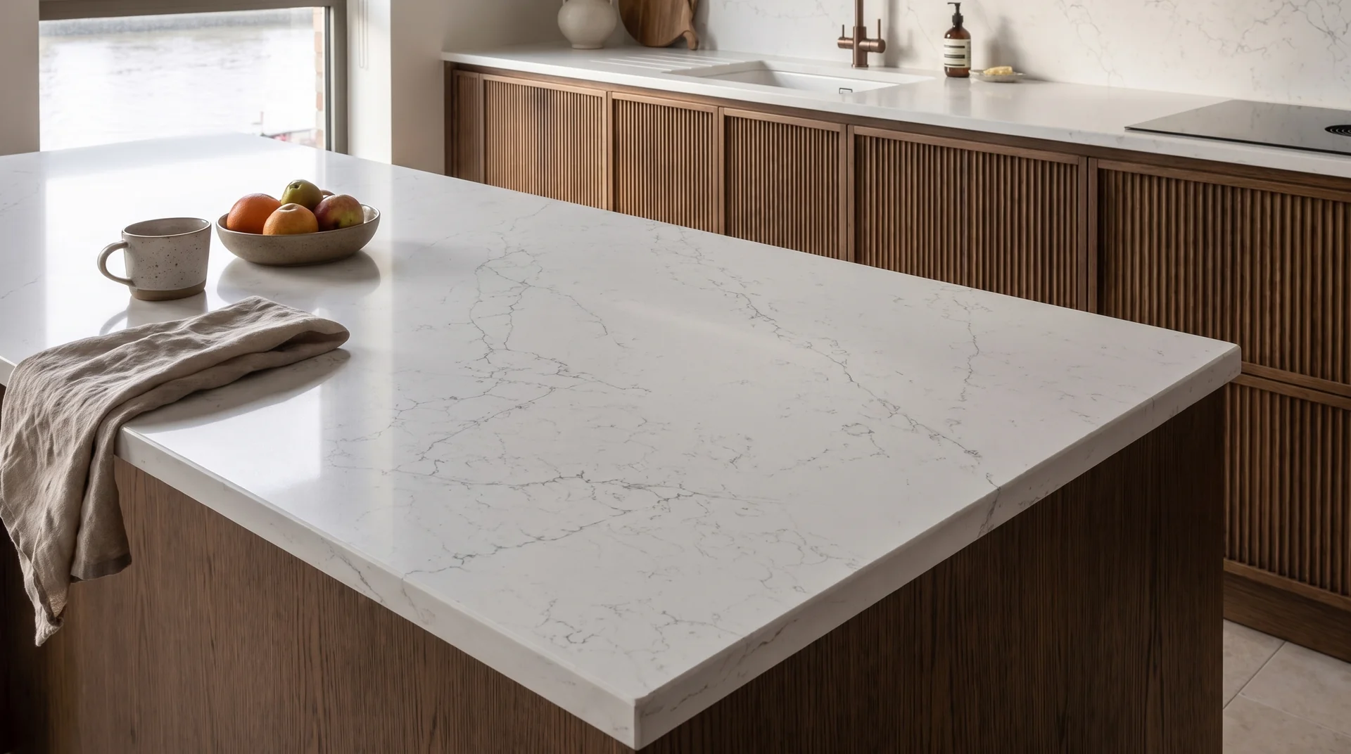Alaska Bianca quartz worktop close-up showing surface detail